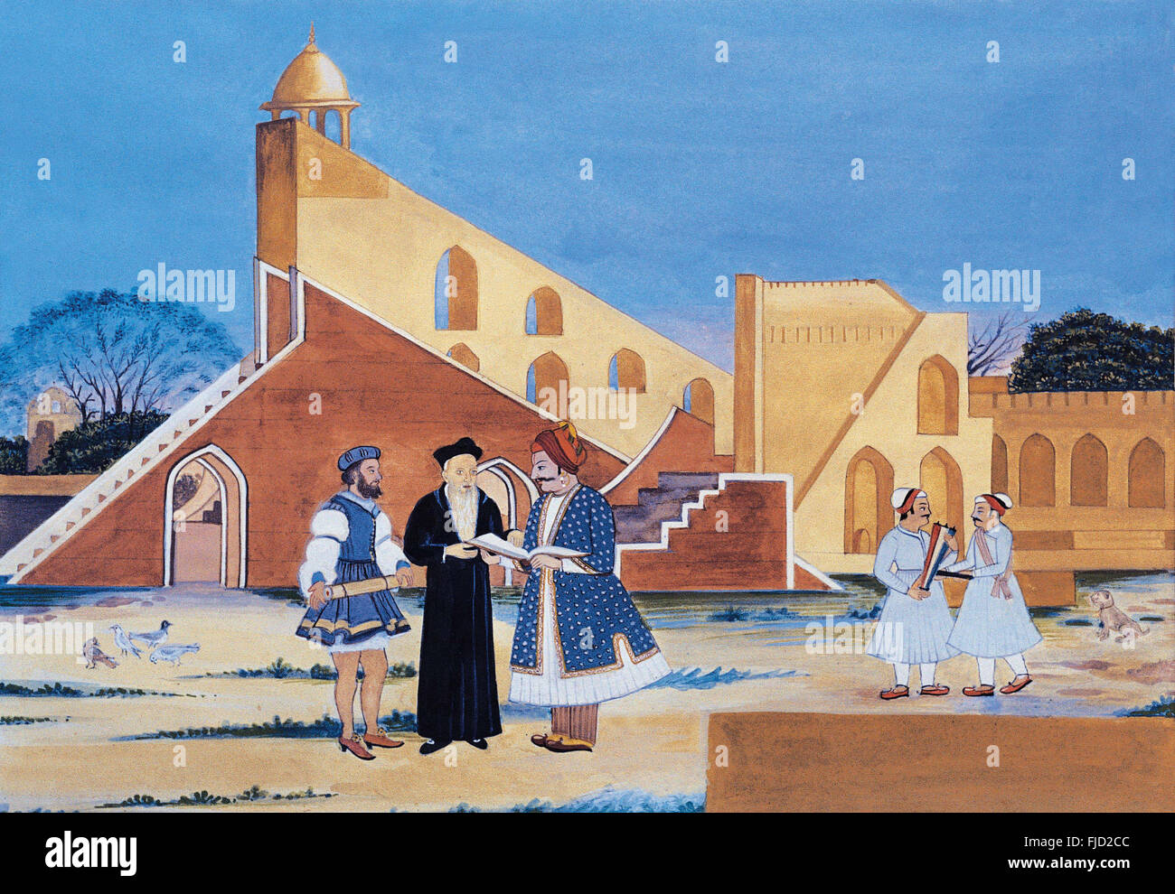 Maharaja Sawai Jai Singh II painting, Jantar Mantar, Rajasthan, India, Asia, pittura indiana, asiatica, vecchia annata anni '1800 Foto Stock