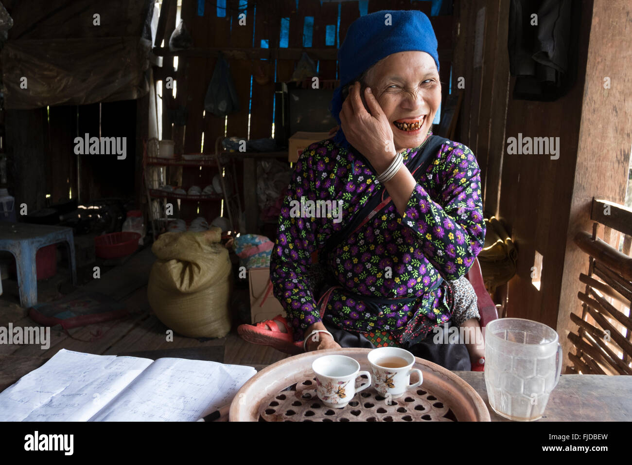 Una donna dalla Xa Pho gruppo di minoranza bevande tè nel suo rifugio nel villaggio di mio figlio in Vietnam del nord. Foto Stock