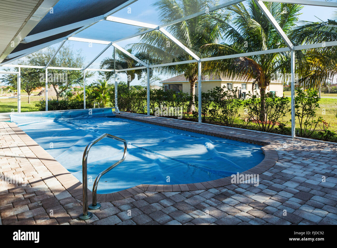 Home piscina vela scaricato contro l' inquinamento e le palme, Florida Foto Stock