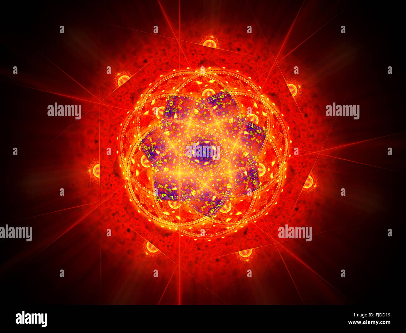 Colorata vibrante fiery magic mandala nello spazio, generato dal computer sfondo astratto Foto Stock