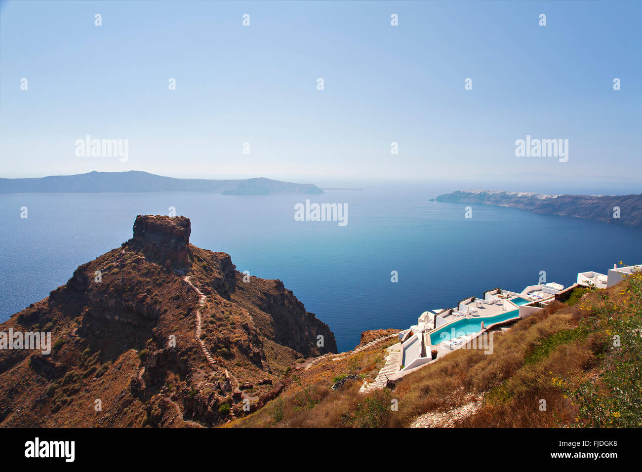 Immagine dell'isola di Santorini e l'Skaros rock, Grecia. Foto Stock