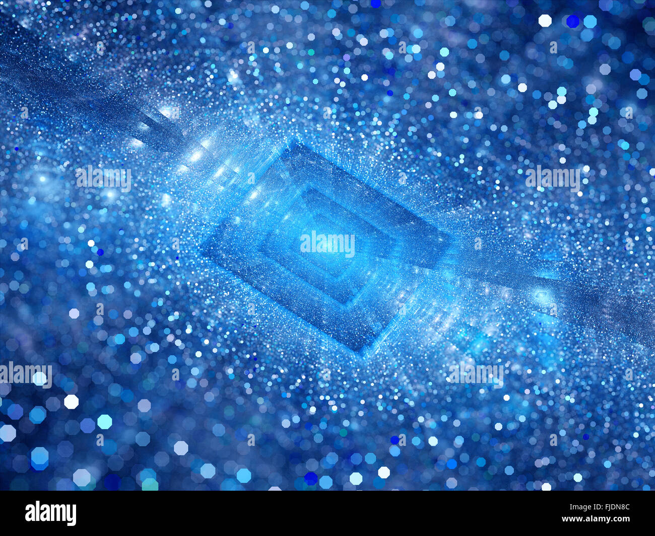 Blu brillante rettangolo con particelle, la profondità di campo generata da computer sfondo astratto Foto Stock