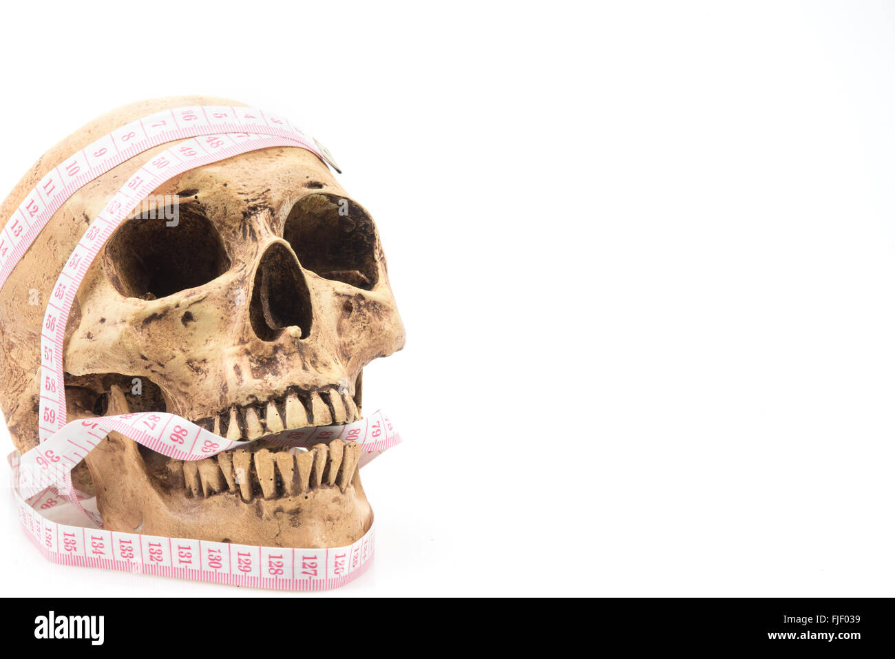 Cranio con nastro di misurazione ,simbolo della dieta malsana. Foto Stock