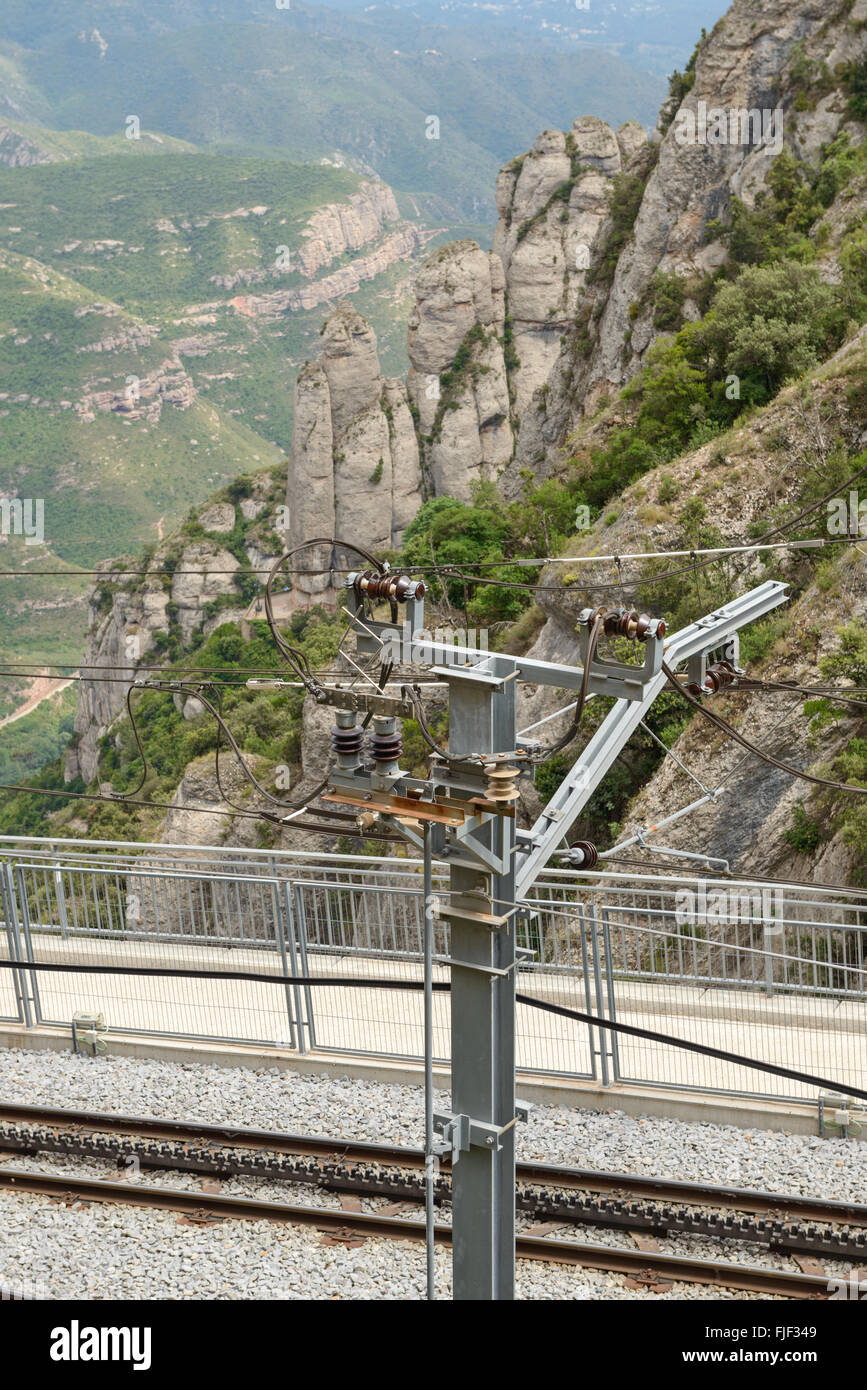 Alta Vista di angolo di contatto ferroviaria linea su sfondo di montagna di Montserrat abbazia nei pressi di Barcellona, in Catalogna, Spagna. Foto Stock