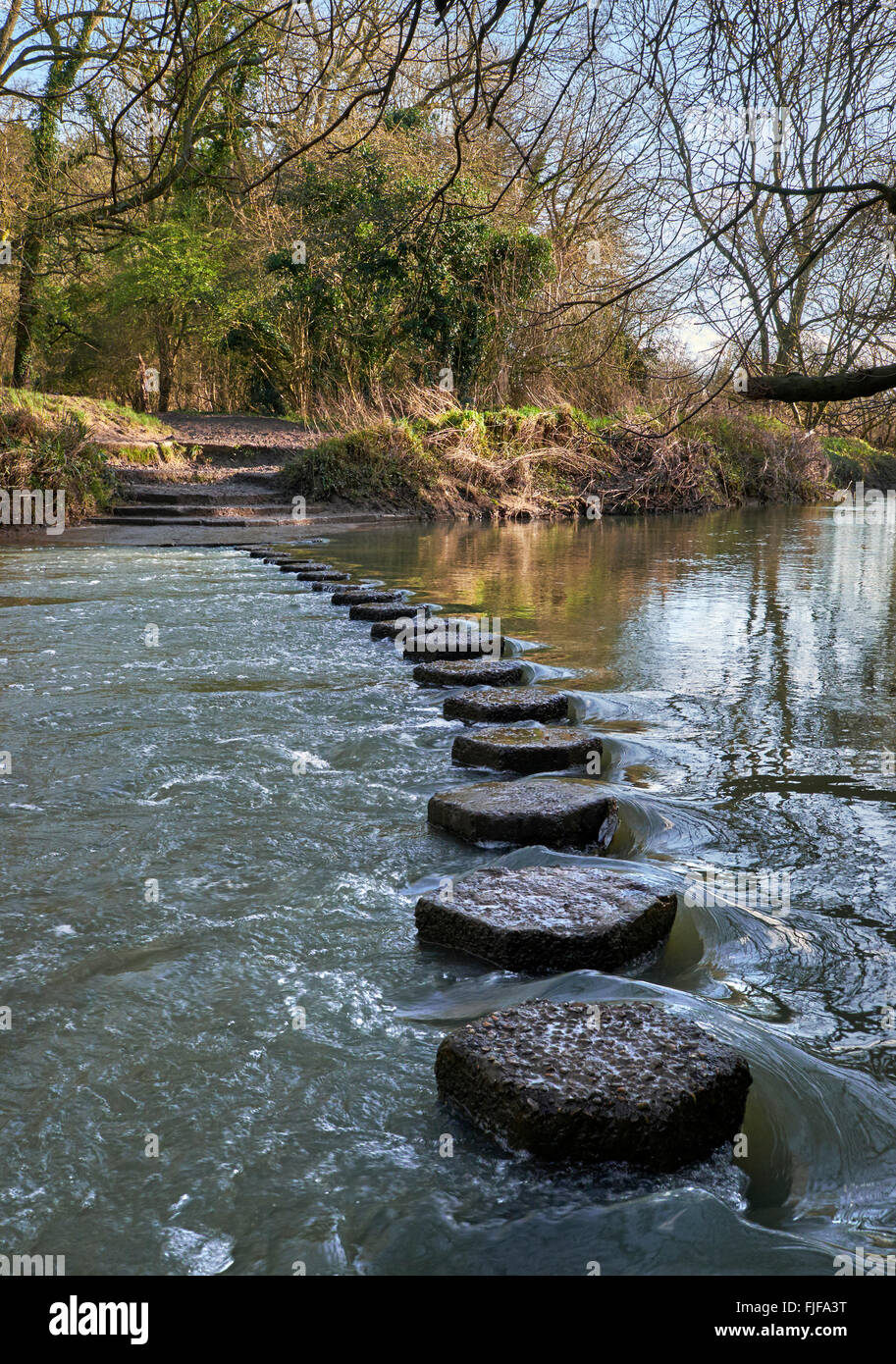 Le pietre miliari attraverso il Fiume Mole al piede del Box Hill. Westhumble, vicino a Dorking Surrey, Inghilterra. Foto Stock