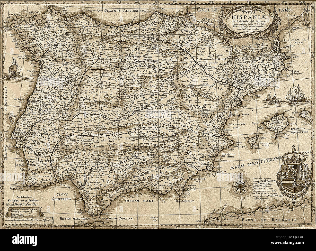 Antique Spagna e Portogallo mappa in tonalità seppia. Visualizzazione orizzontale Foto Stock