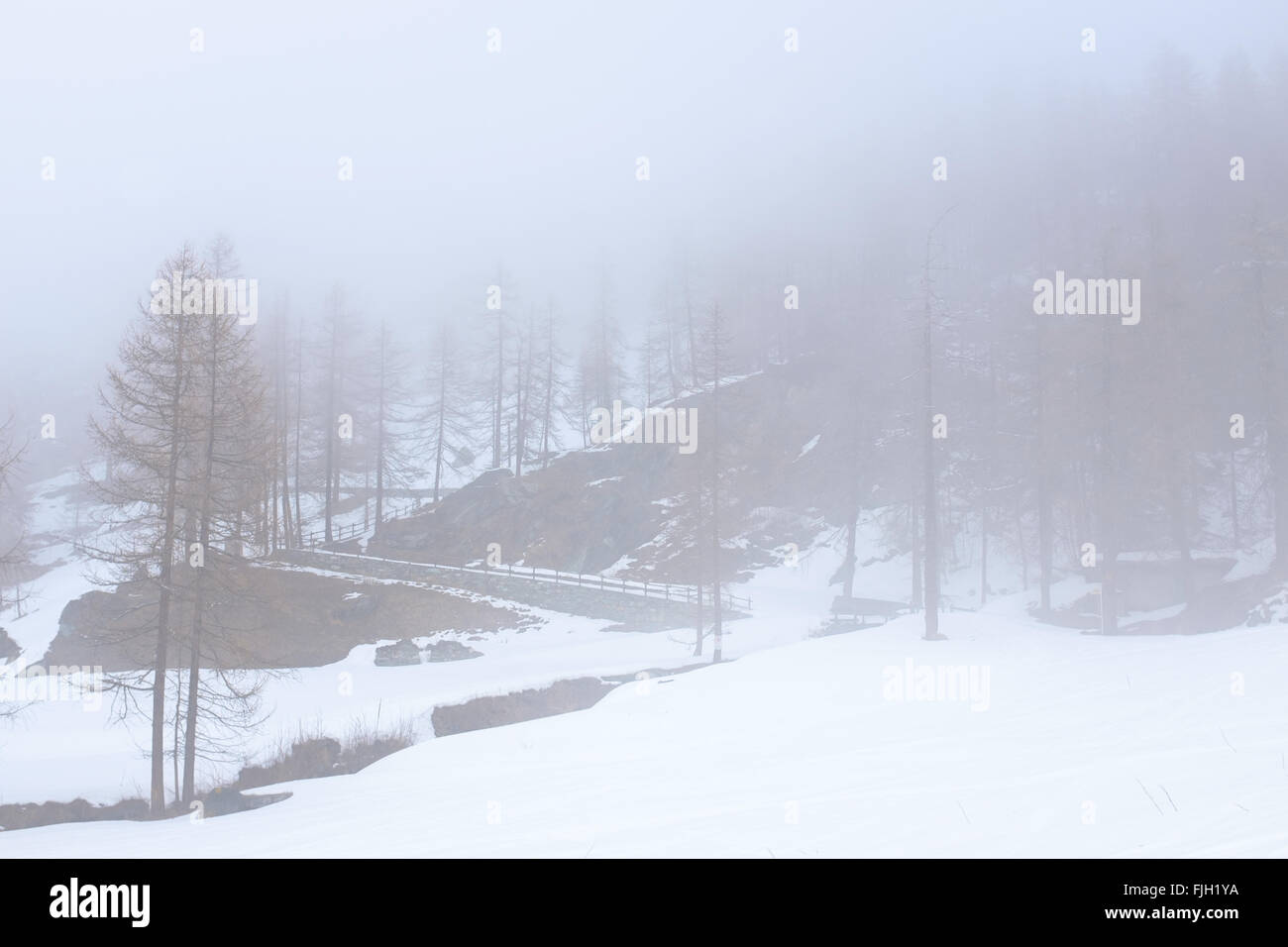 La nebbia e la nuvola che ricopre una montagna innevata percorso Foto Stock