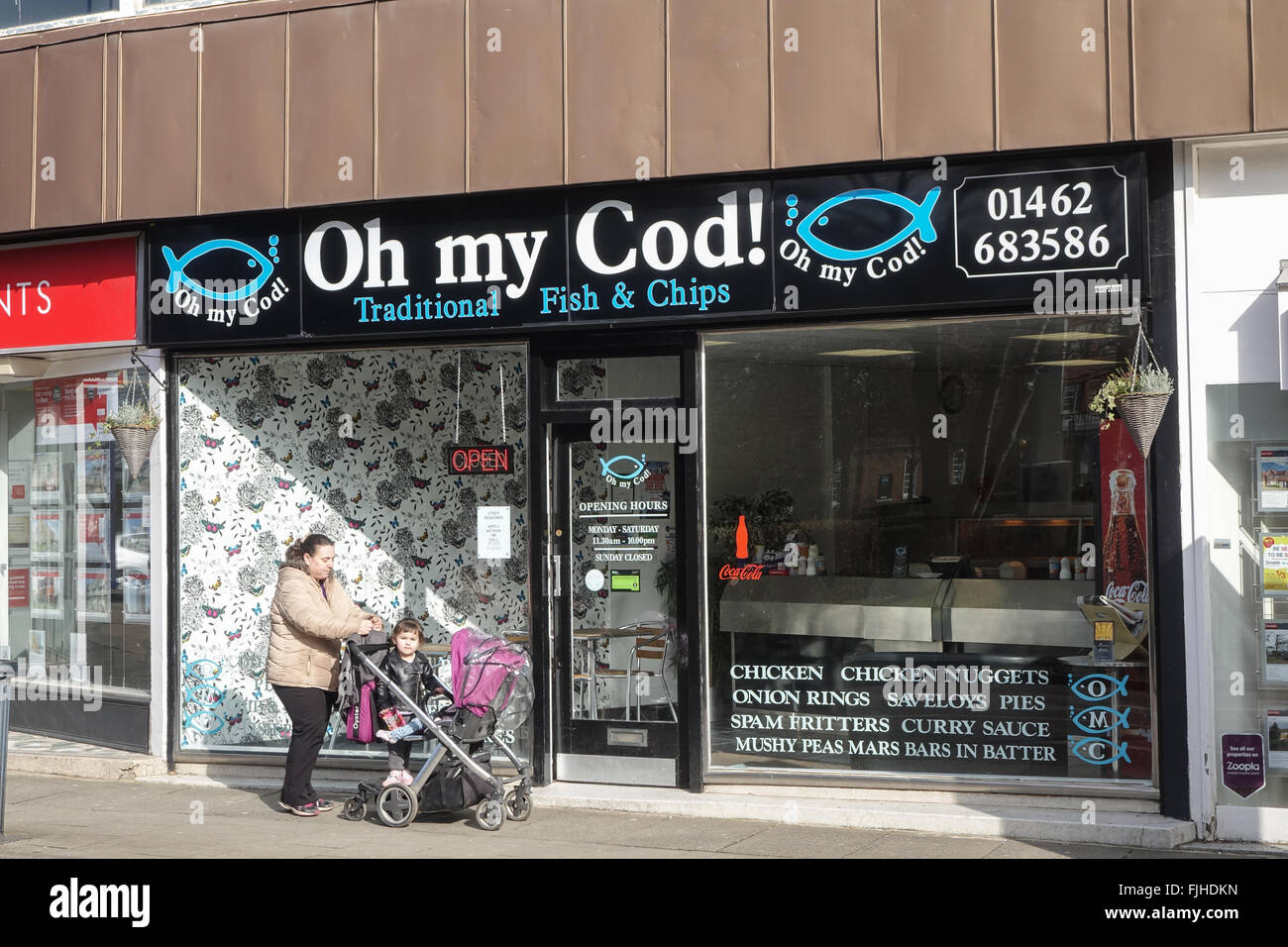 Tradizionale pesce britannico e del Chip shop, oh mio cod, Letchworth Garden City Hertfordshire, Regno Unito Foto Stock