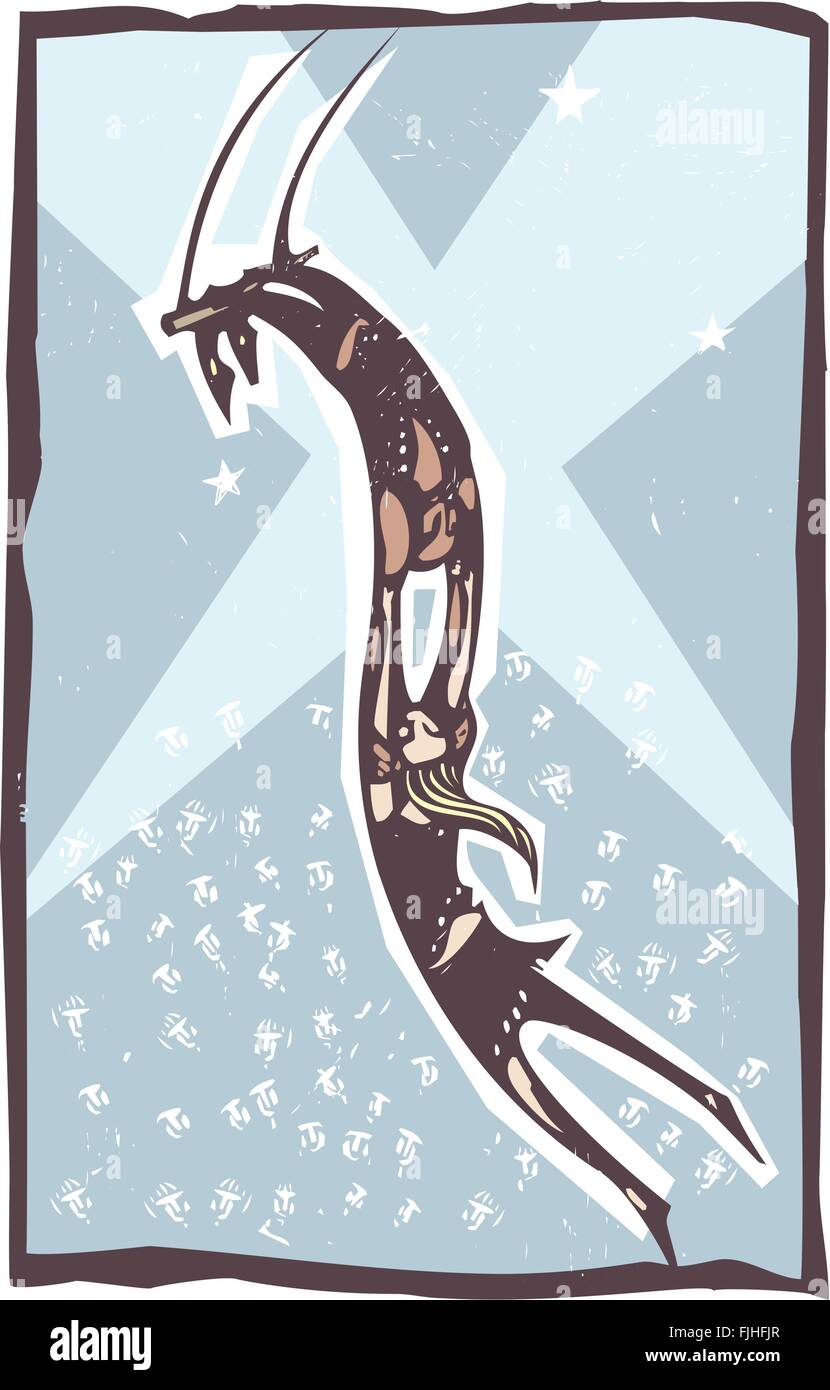 Xilografia style illustrazione di un paio di trapezio da circo artisti per una folla. Illustrazione Vettoriale