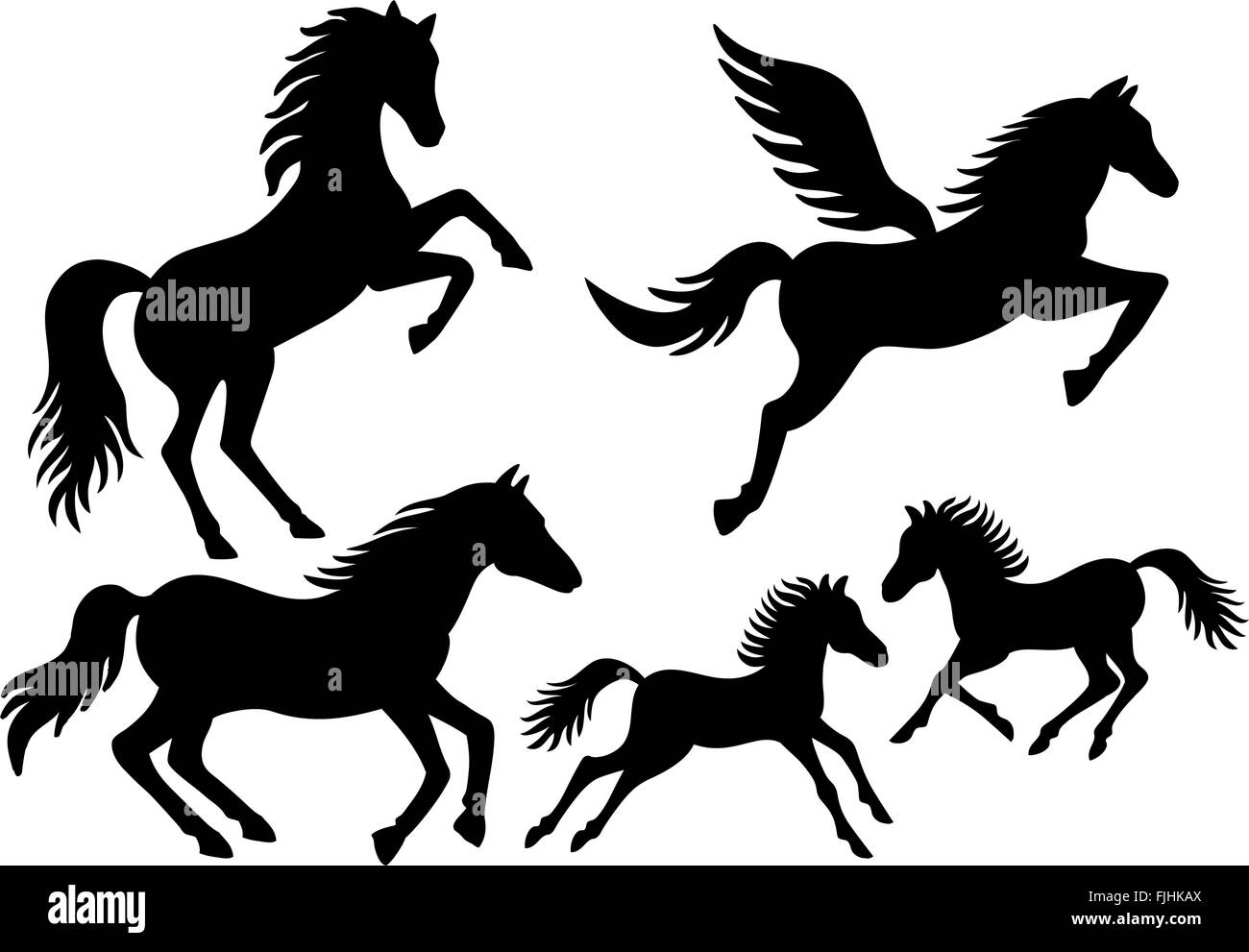 Cavalli neri, correre, saltare e sagome volanti, set di vettore Illustrazione Vettoriale