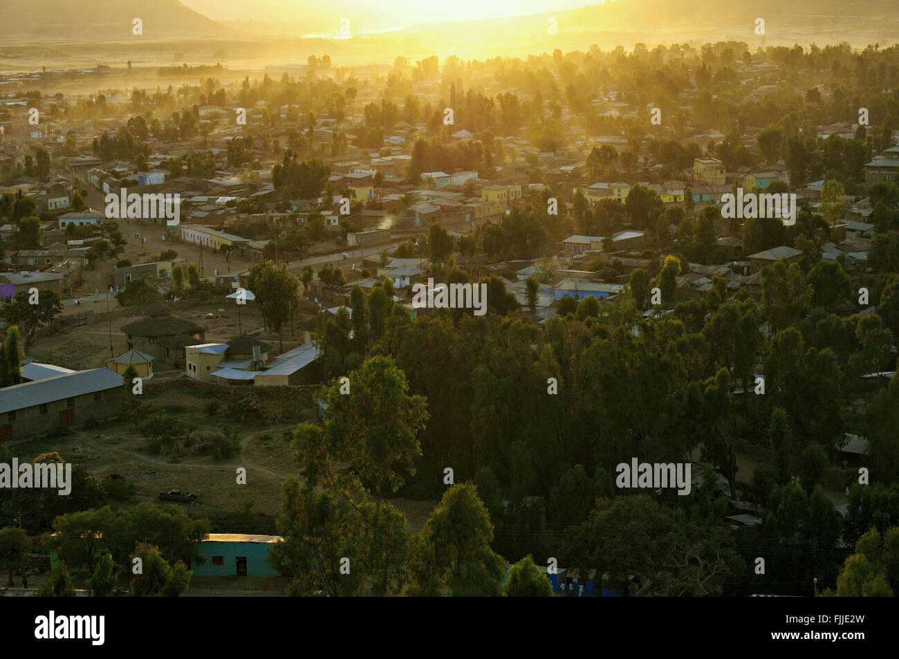 La città di Axum (o Aksum) al tramonto, Tigray, Etiopia Foto Stock
