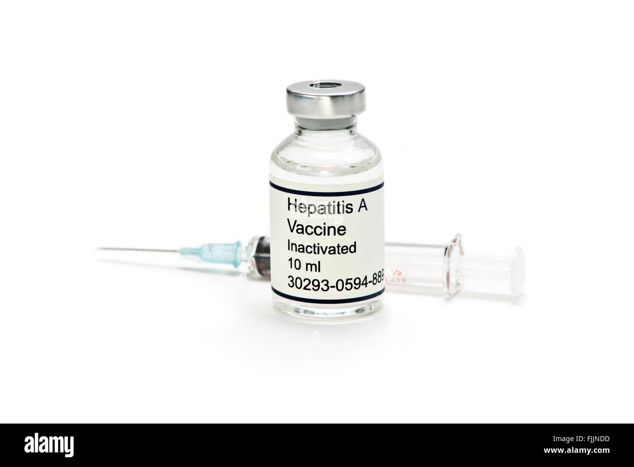 Epatite un flaconcino di vaccino con una siringa. Le etichette sono fittizi e creato dal fotografo. Foto Stock