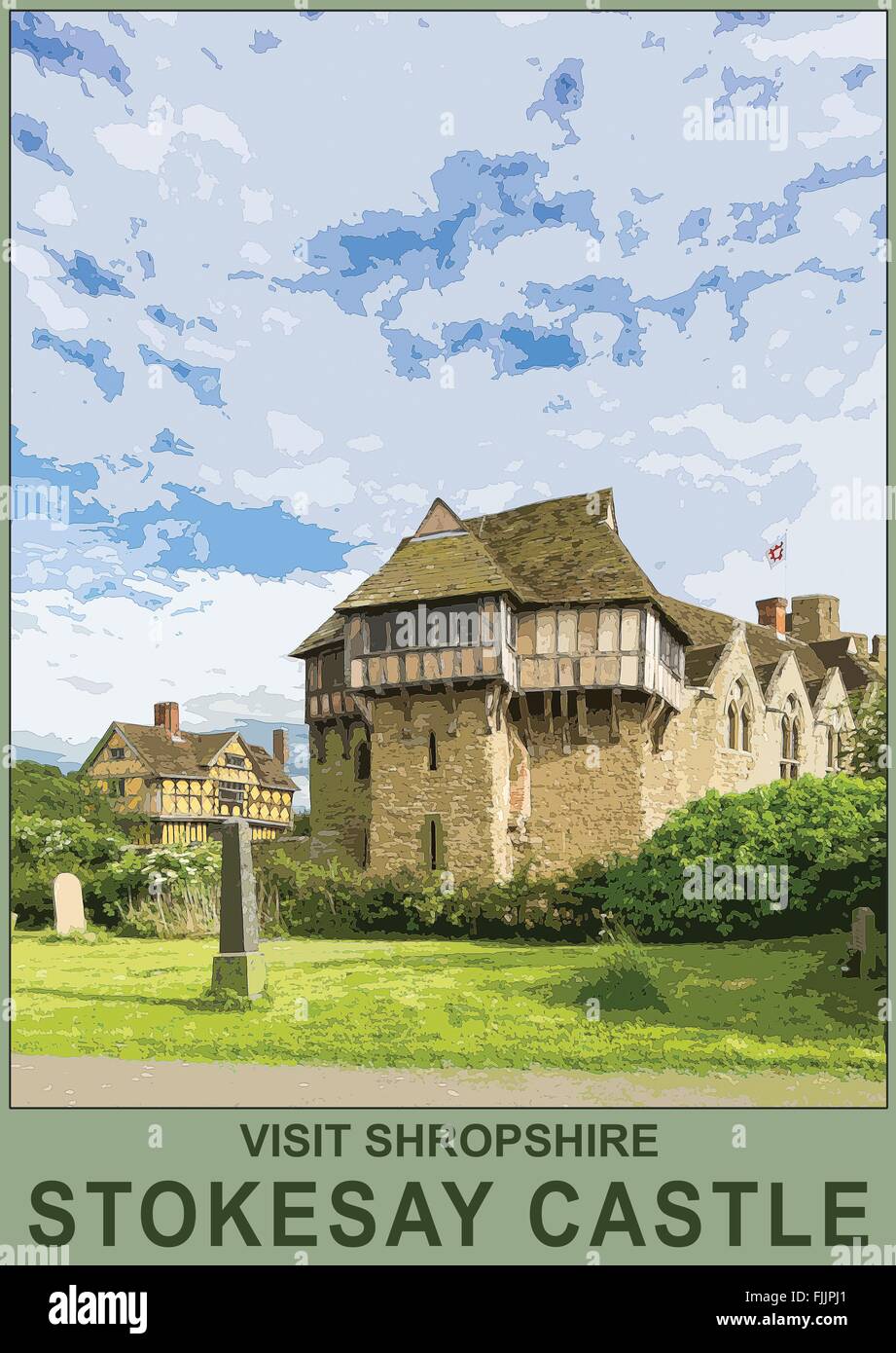 Un poster in stile interpretazione del maniero fortificato casa di Stokesay Castle, vicino a craven arms, Shropshire, Inghilterra, Regno Unito Foto Stock