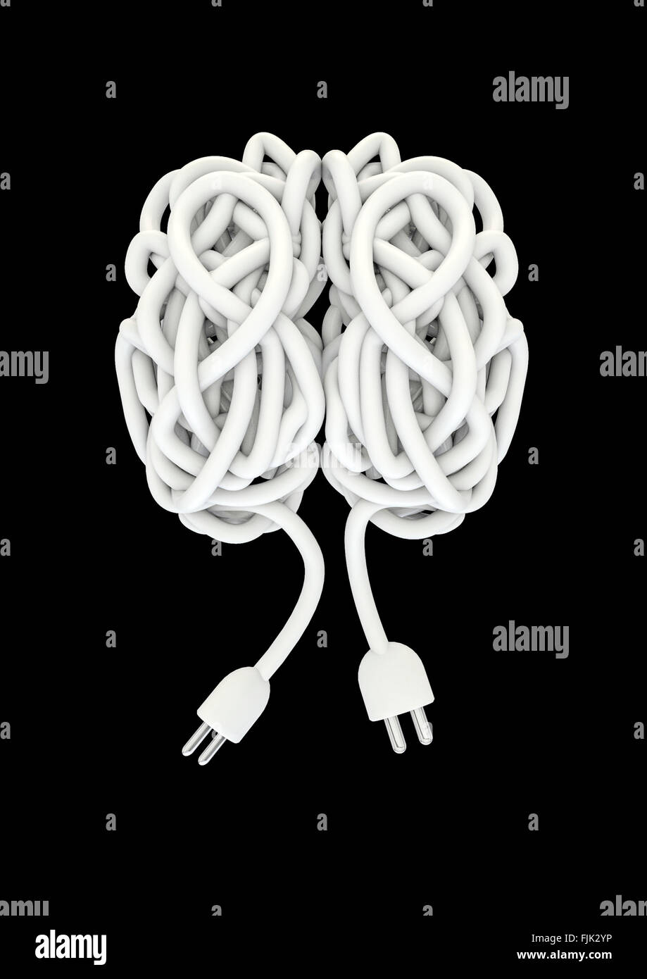 Cervello di filo / 3D render di cervello fatta del cavo elettrico Foto Stock