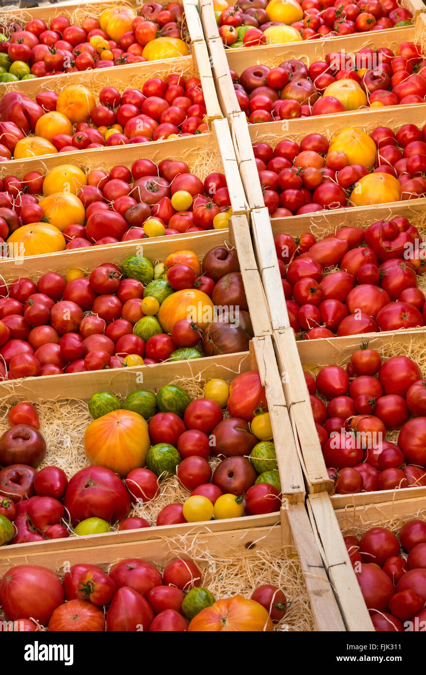 Fresche, organico, il rosso, il verde e il giallo cimelio di pomodori visualizzati in cassette di legno presso il locale mercato alimentare, Parigi, Francia Foto Stock