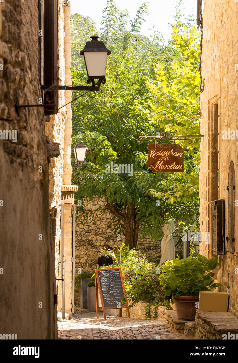 Un ristorante su una tipica stretta strada di ciottoli nel vecchio villaggio storico di Seguret, Vaucluse Provence, Francia Foto Stock