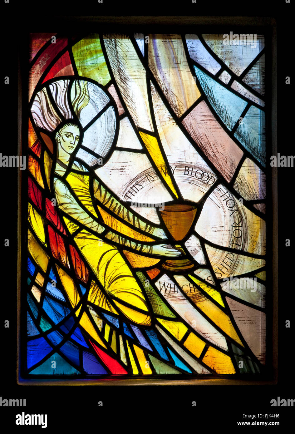 Uno dei molti eccezionalmente belle vetrate nella Chiesa di Cristo, Nelson, Isola del Sud, Nuova Zelanda Foto Stock