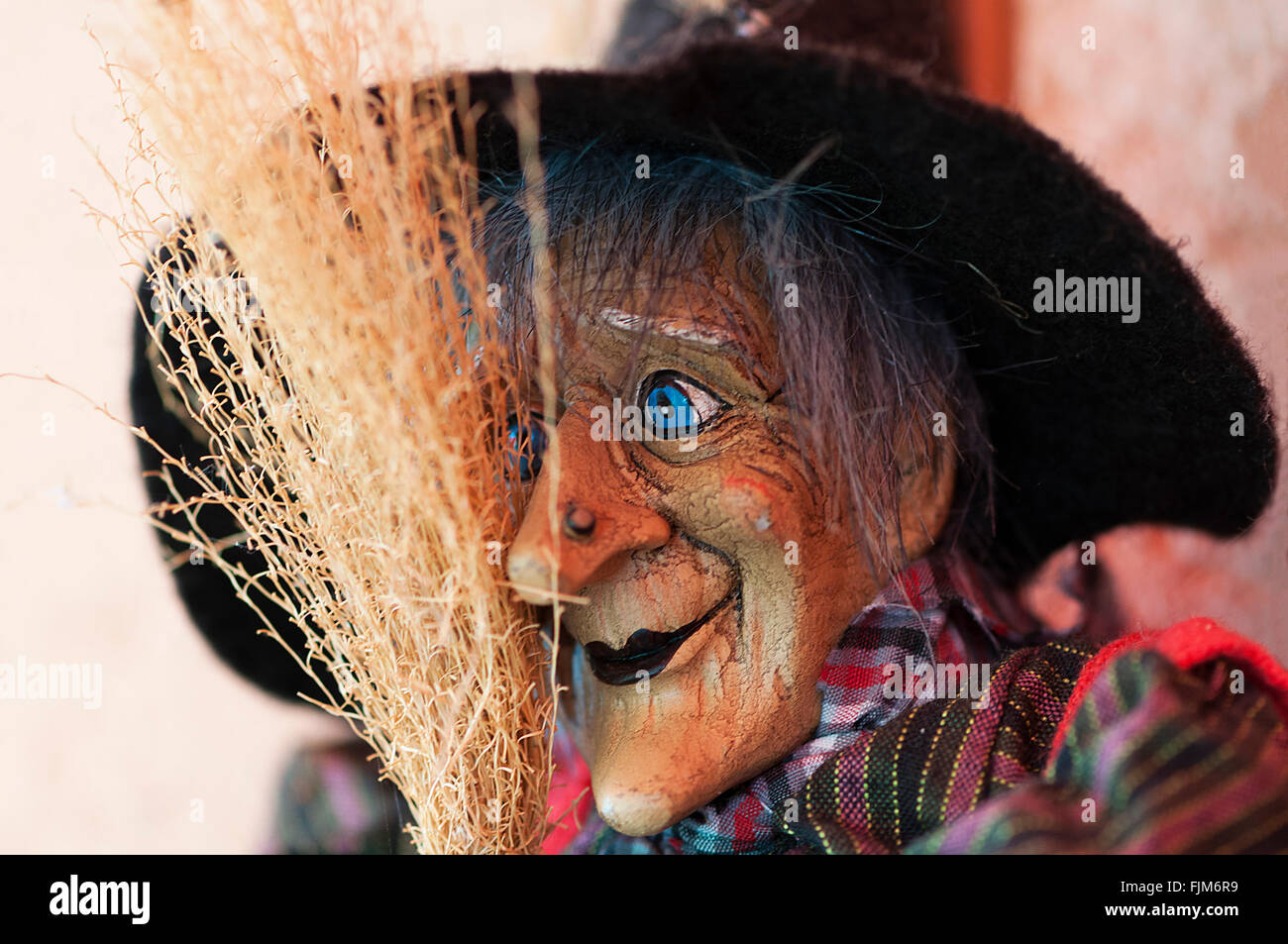 Ritratto di una strega bambola con un cappello e Ginestra Foto Stock