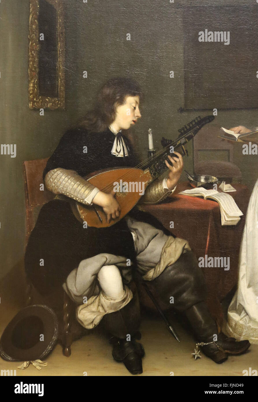 Gerard ter Borch (1617-1681). Genere olandese pittore. Dutch Golden Age. il duetto. Il cantante e tiorba liuto player, 1669. Dettaglio. Foto Stock