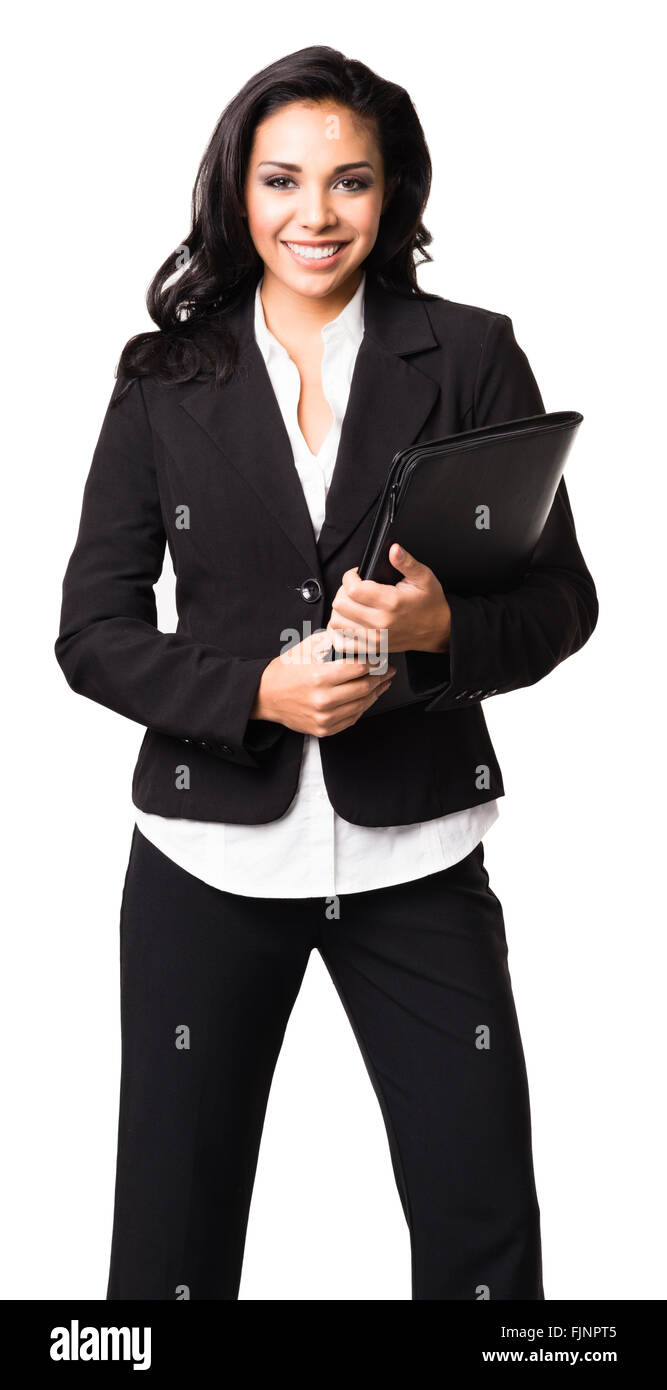 Imprenditrice latino con i notebook isolati su sfondo bianco Foto Stock