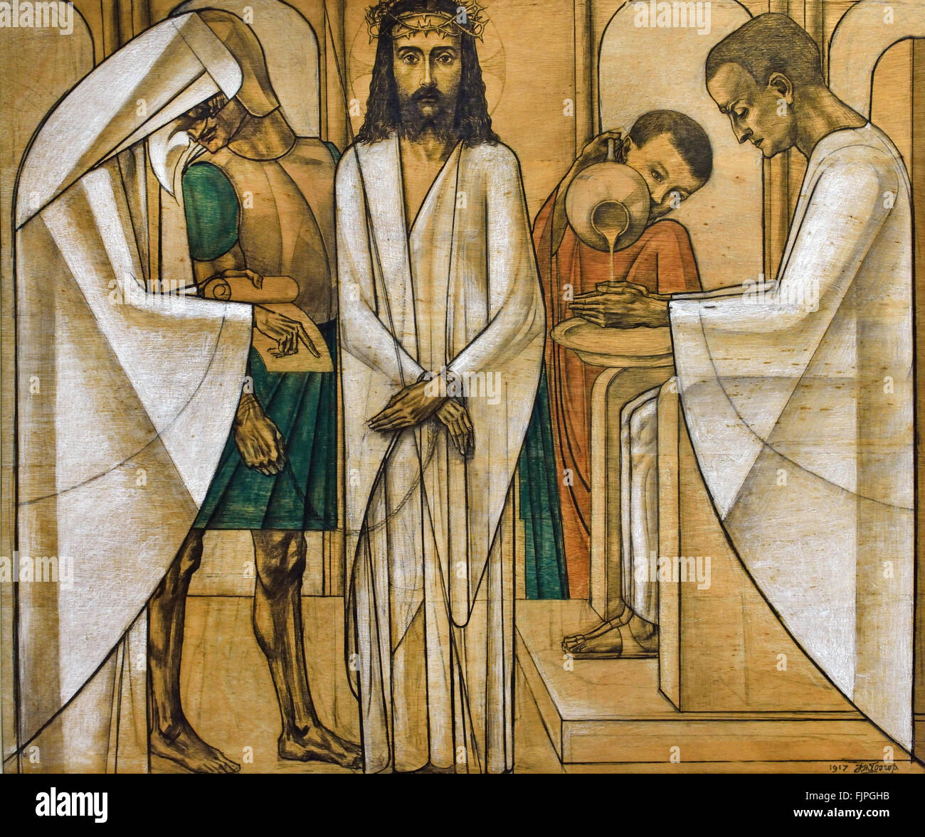 Prima STAZIONE Gesù è condannato a morte. Il giudice vuole lavarsi le mani nell'innocenza. Mat. 27.24 Le Stazioni della Croce ( San Bernulphuskerk te Oosterbeek ) Jan Toorop ( Johannes Theodorus Toorop ) 1858 - 1928 simbolismo - Art Nouveau - Puntinismo pittore olandese Paesi Bassi Foto Stock