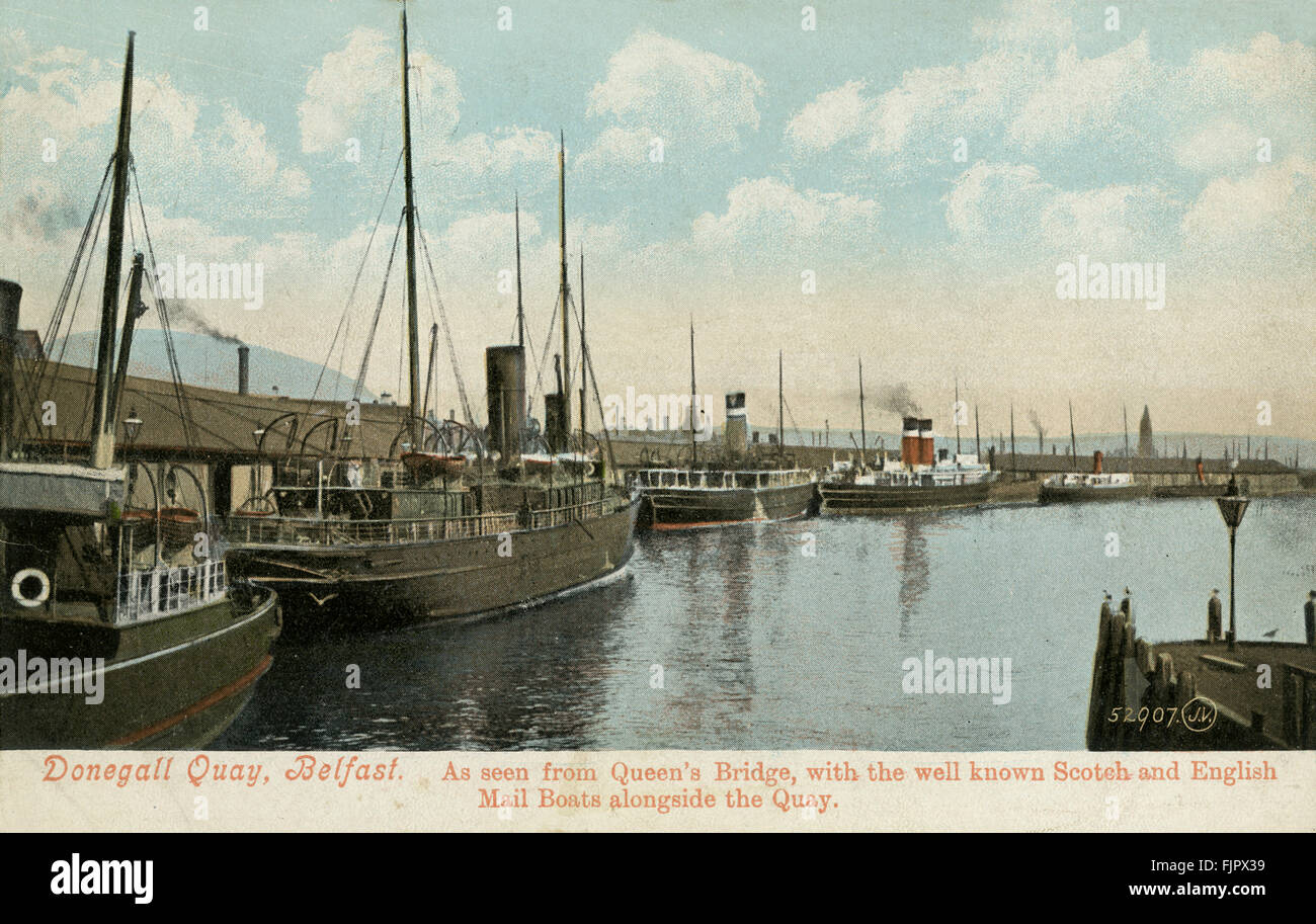 Donegall Quay, Belfast, come si vede dalla Queen's Bridge, con una vista delle barche di posta dalla Scozia e Inghilterra. Cartolina Foto Stock