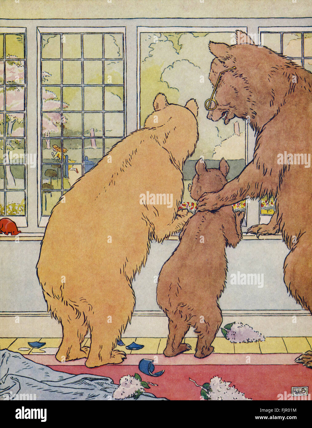 I TRE ORSI La storia di Riccioli d Oro Goldenlocks scappa fuori dalla finestra dal Golden Goose Prenota 1905 illustrato da Leonard Leslie Brooke 1862 1940 Foto stock Alamy