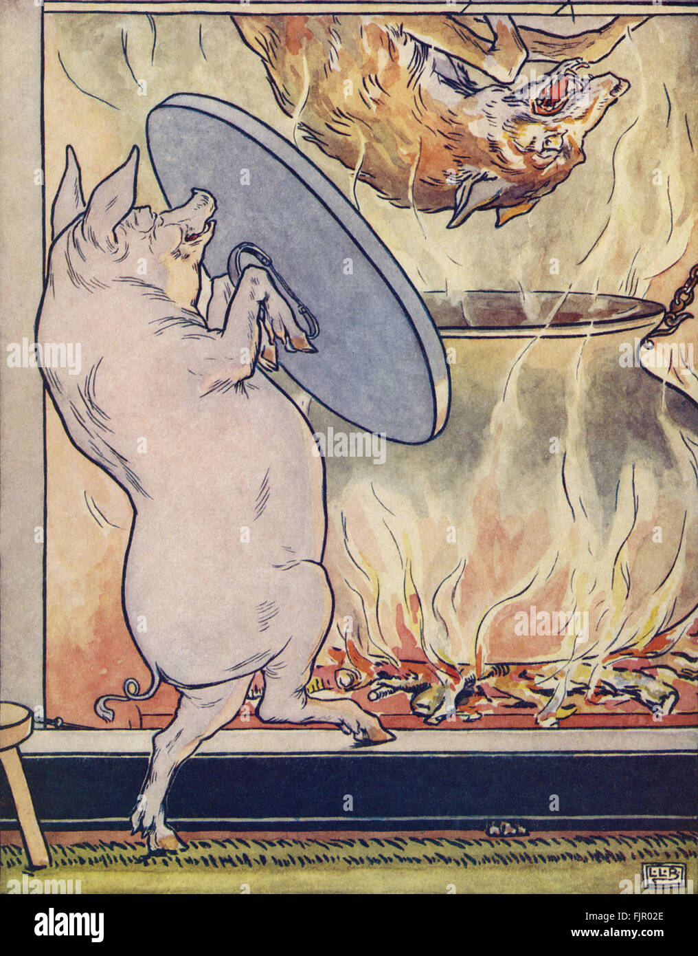 Il Three Little Pigs, il terzo pig bolle la wolf quando egli viene giù per il camino, dal Golden Goose Prenota, 1905, illustrato da Leonard Leslie Brooke (1862 - 1940) Foto Stock