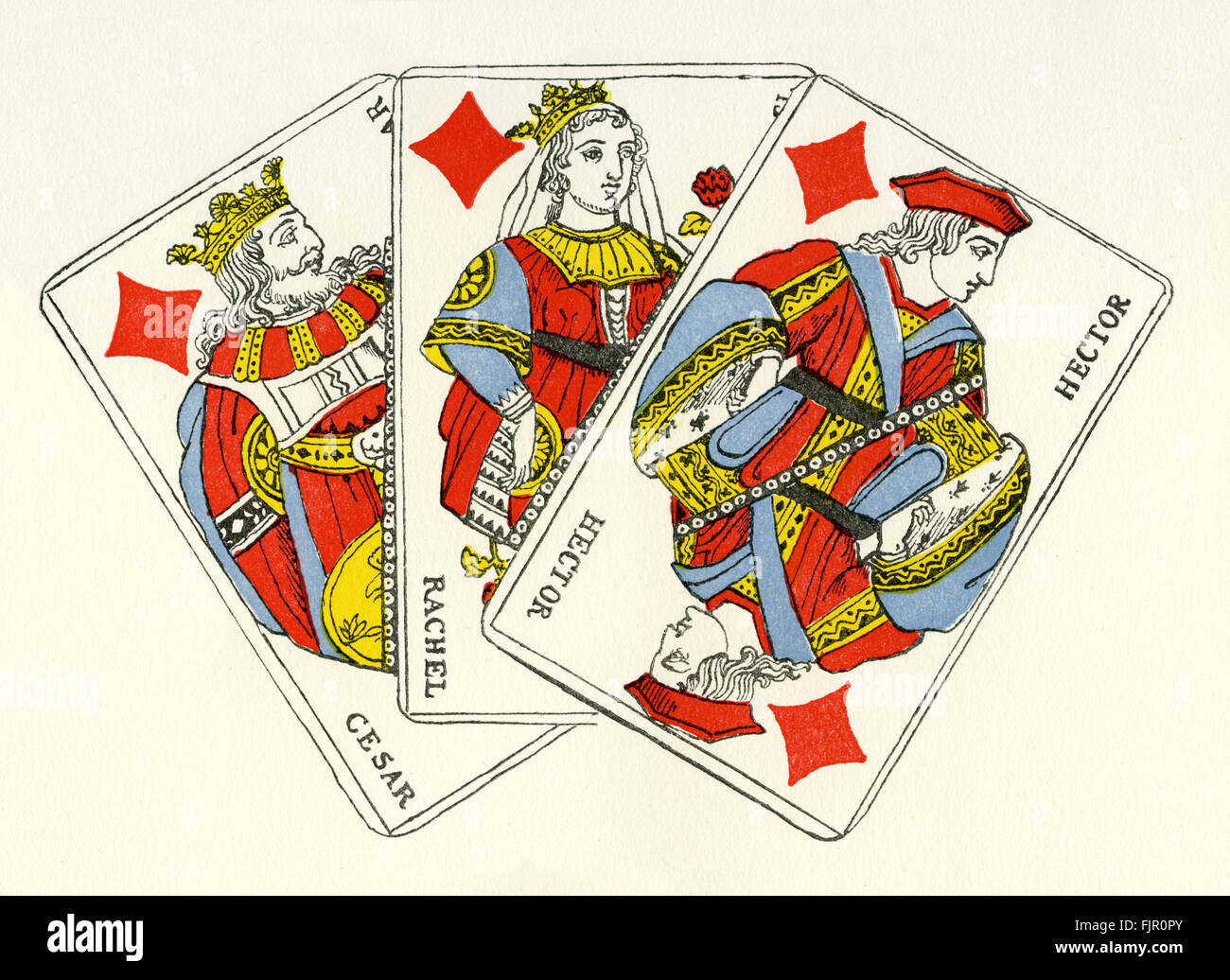 Corte francese carte - diamanti / carreaux. Re (ROI) in rappresentanza di Cesare, Queen (dame) in rappresentanza di Rachel e jack / knave (servizio) in rappresentanza di Hector (di Troia). Inizio del XIX secolo le carte da gioco da Gatteaux, c. 1813 Foto Stock