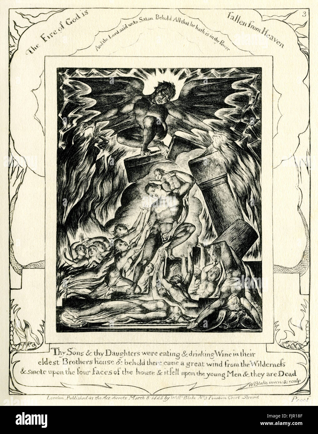 Il Libro di Giobbe, illustrazione di William Blake. Pubblicato per la prima volta 1826. ' 'Il fuoco di DIO è caduto dal cielo…."e il Signore disse a satana: "Ecco tutto ciò che possiede è in tuo potere…..i tuoi figli e le tue figlie stavano mangiando e bevendo vino in casa del loro fratello maggiore Ed ecco venne un gran vento del deserto e sconfissero i quattro angoli della casa che è caduta sui giovani e sono morti; ' .(portando dedstruction su i figli e le figlie del lavoro). (London pubblicata come l' atto dirige da William Blake il 8 marzo 1825 N3 Fountain Court Strand . Prova) WB: inglese Foto Stock