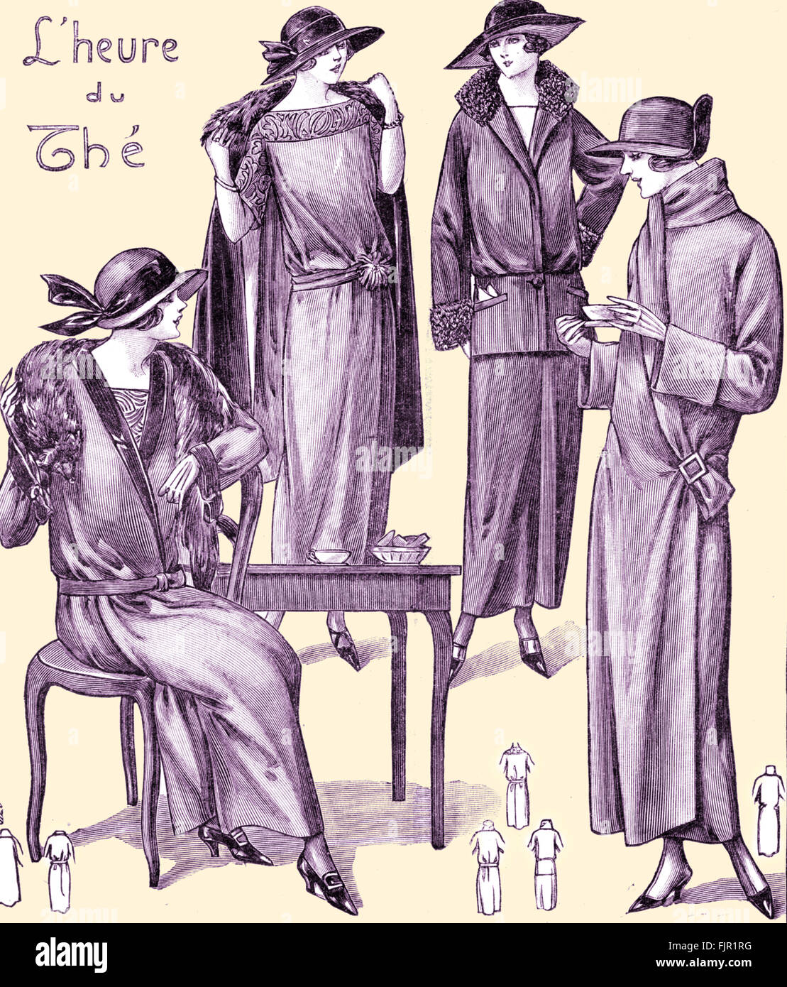 Moda francese, 1920s: Tea time (L'heure du thé'). Pubblicato in Le Petit Echo de la Mode, 1923. Moda francese magazine. Foto Stock