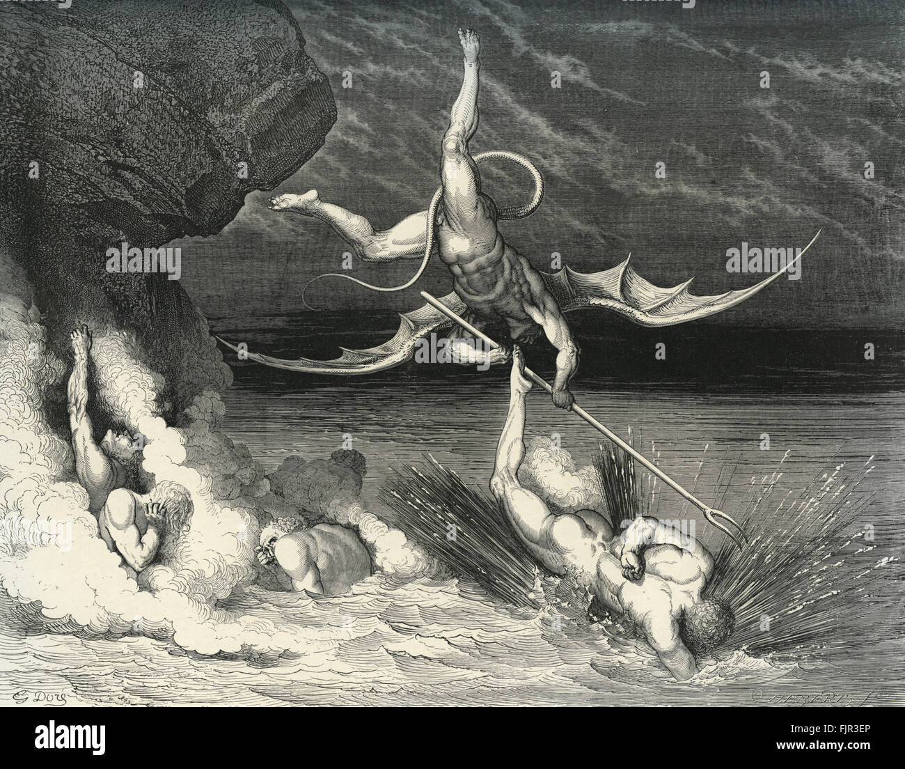 Dante Alighieri, La Divina Commedia, l'Inferno (Divina Commedia, Inferno) - Canto XXII (22): illustrazione di Gustave Doré per linee 125-126 'nel perseguimento / Egli ha quindi accelerato, esclamando: "Tu sei catturato' ' Dante poeta italiano, c. 29 Maggio 1265 - 13/14 settembre 1321. Doré, artista francese, 6 gennaio 1832 - 23 Gennaio 1883 Foto Stock