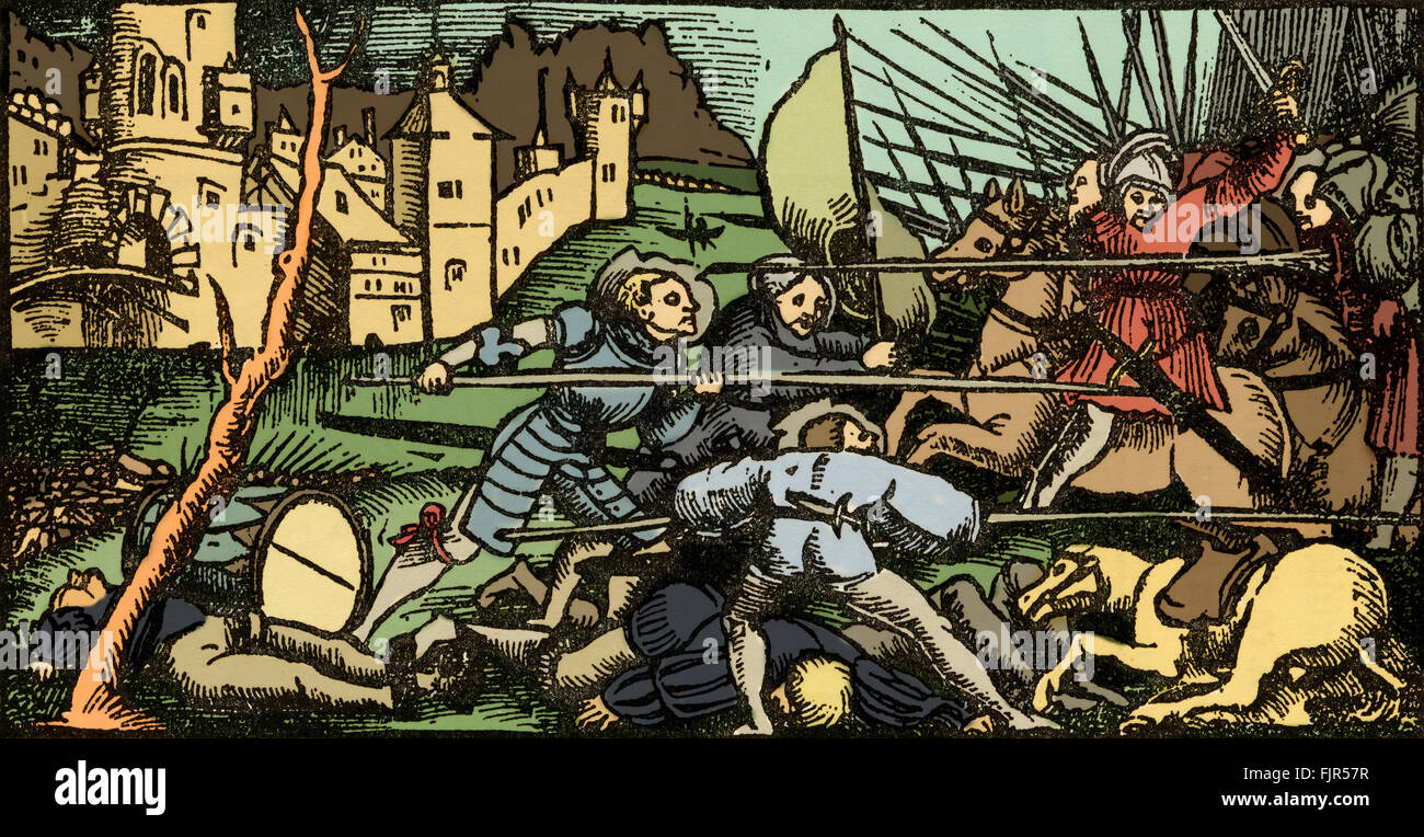 Un tetto di battaglia, xilografia di Urs Graf, 1521, da due racconti di cavalleria. Pikemen a piedi attaccare i soldati a cavallo che trasportano le spade. Sullo sfondo di un castello o di città murata. Primo piano, soldati morti e cavalli giacente a terra. Foto Stock