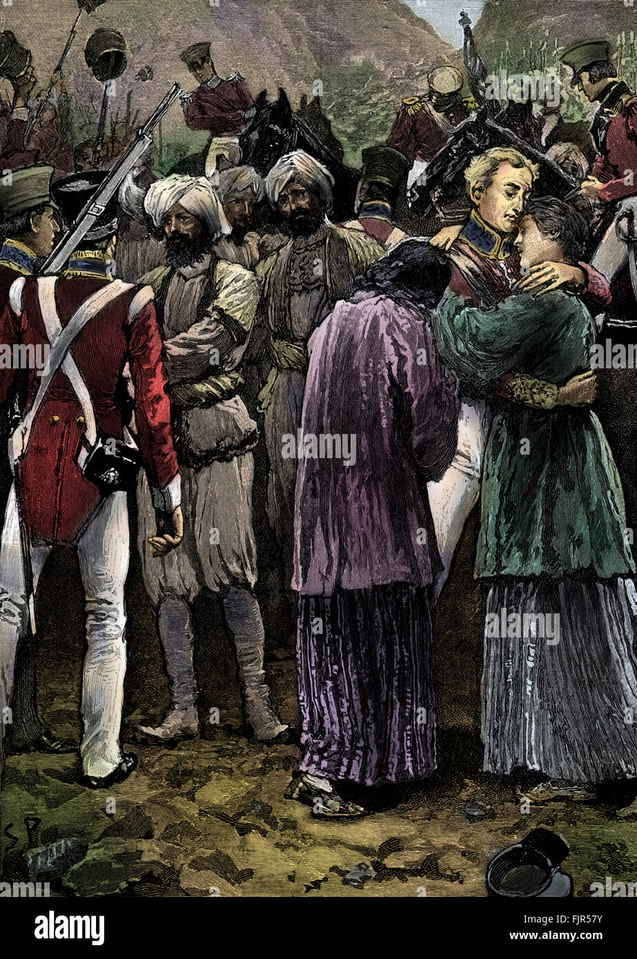 Primo anglo- guerra in Afghanistan, 1839 - 1842: Salvataggio dei prigionieri britannici da Akbar Kahn. Il principe afgano, un generale, un leader tribali e emiro, 1816 -1845. Foto Stock