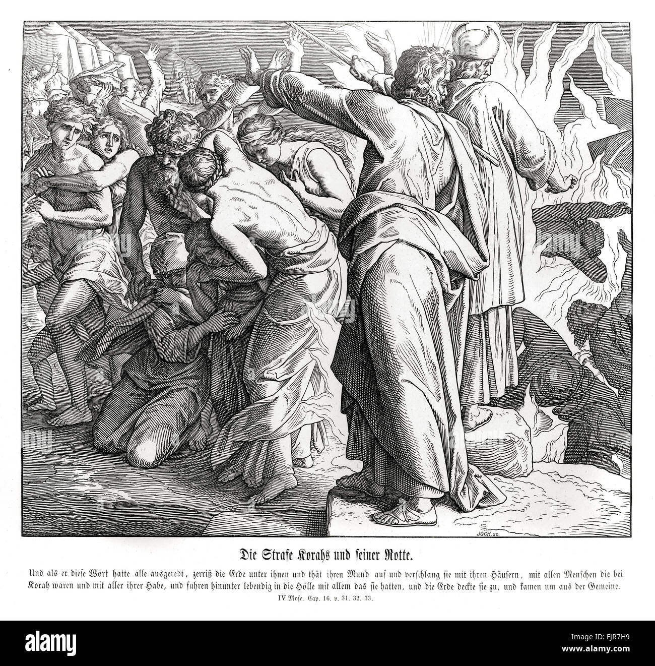 La punizione di Kore, numeri capitolo XVI versetti 31 - 33 E avvenne che come egli ebbe finito di pronunziare tutte queste parole, che il suolo si spaccò sotto di loro e la terra aprì la sua bocca e li ha inghiottiti con le loro case, e tutta la gente che parteggiava per Kore, e tutti i loro beni. Essi e tutti che appertained a loro, scesero vivi in fossa e la messa a terra chiuso su di loro ed essi perirono tra la congregazione.' illustrazione 1852-60 da Julius Schnorr von Carolsfeld Foto Stock