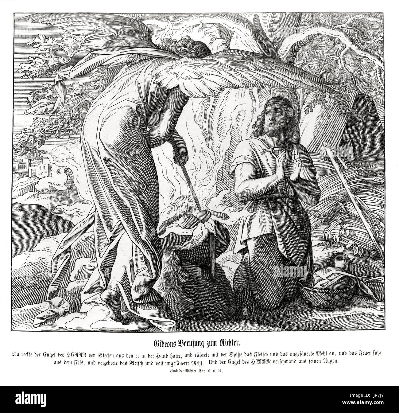 Gideon è chiamato come un giudice, Giudici CAPITOLO VI versetto 21 allora l'angelo del Signore stese la punta del bastone che aveva in mano e toccò la carne e le focacce azzime e si alzarono il fuoco fuori della roccia e consumò la carne e le focacce azzime. Allora l'angelo del Signore scomparve dai suoi occhi.' illustrazione 1852-60 da Julius Schnorr von Carolsfeld Foto Stock