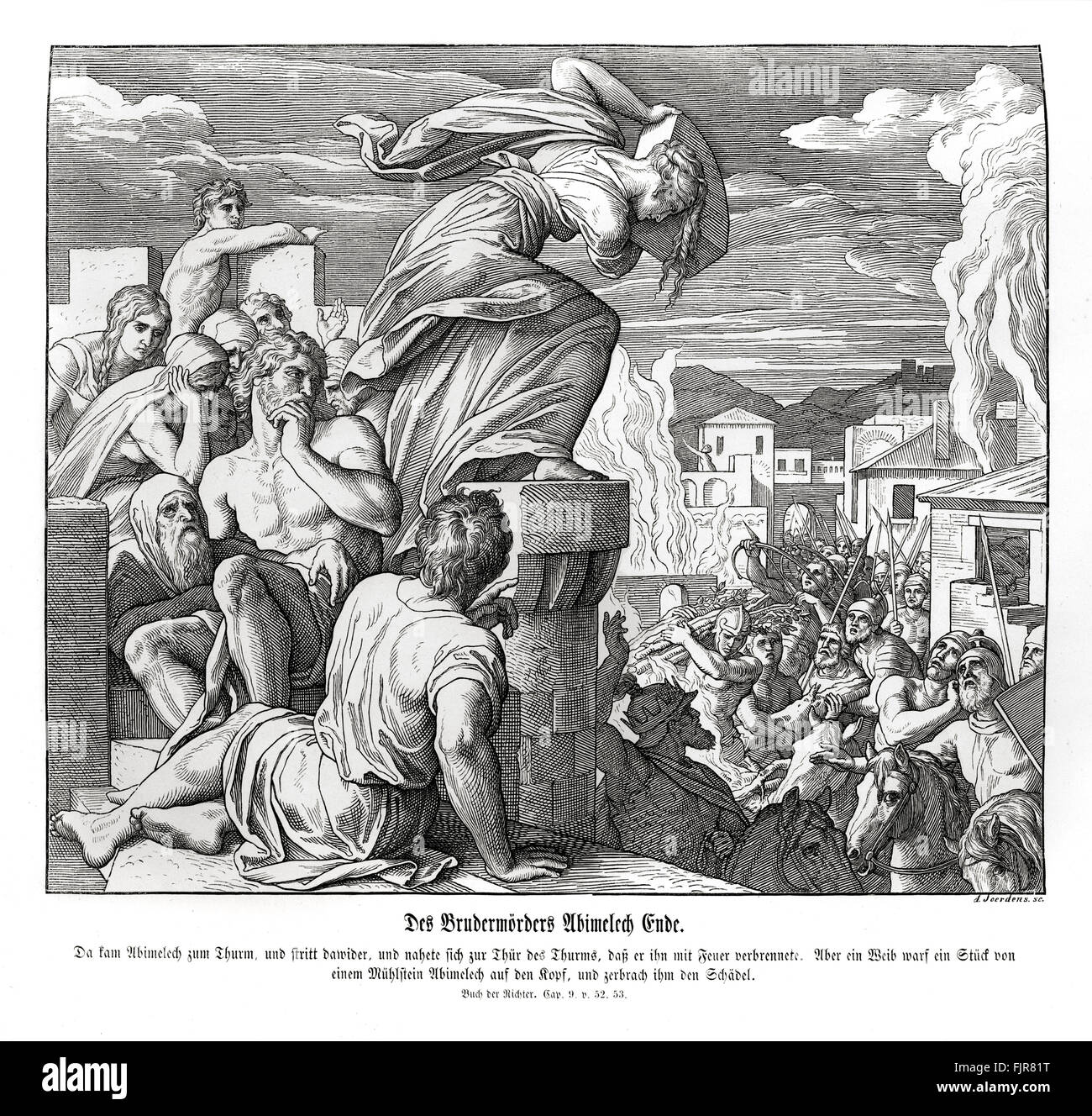 La morte di Abimèlech, Giudici capitolo IX versetti 52 - 53 "Così Abimelek giunse ai piedi della torre e combatterono contro di essa e sono andato a disco fino alla porta della torre per appiccarvi il fuoco. Ma una donna gettò giù la parte superiore di una macina sulla testa di Abimèlech e gli spezzò il cranio.' illustrazione 1852-60 da Julius Schnorr von Carolsfeld Foto Stock