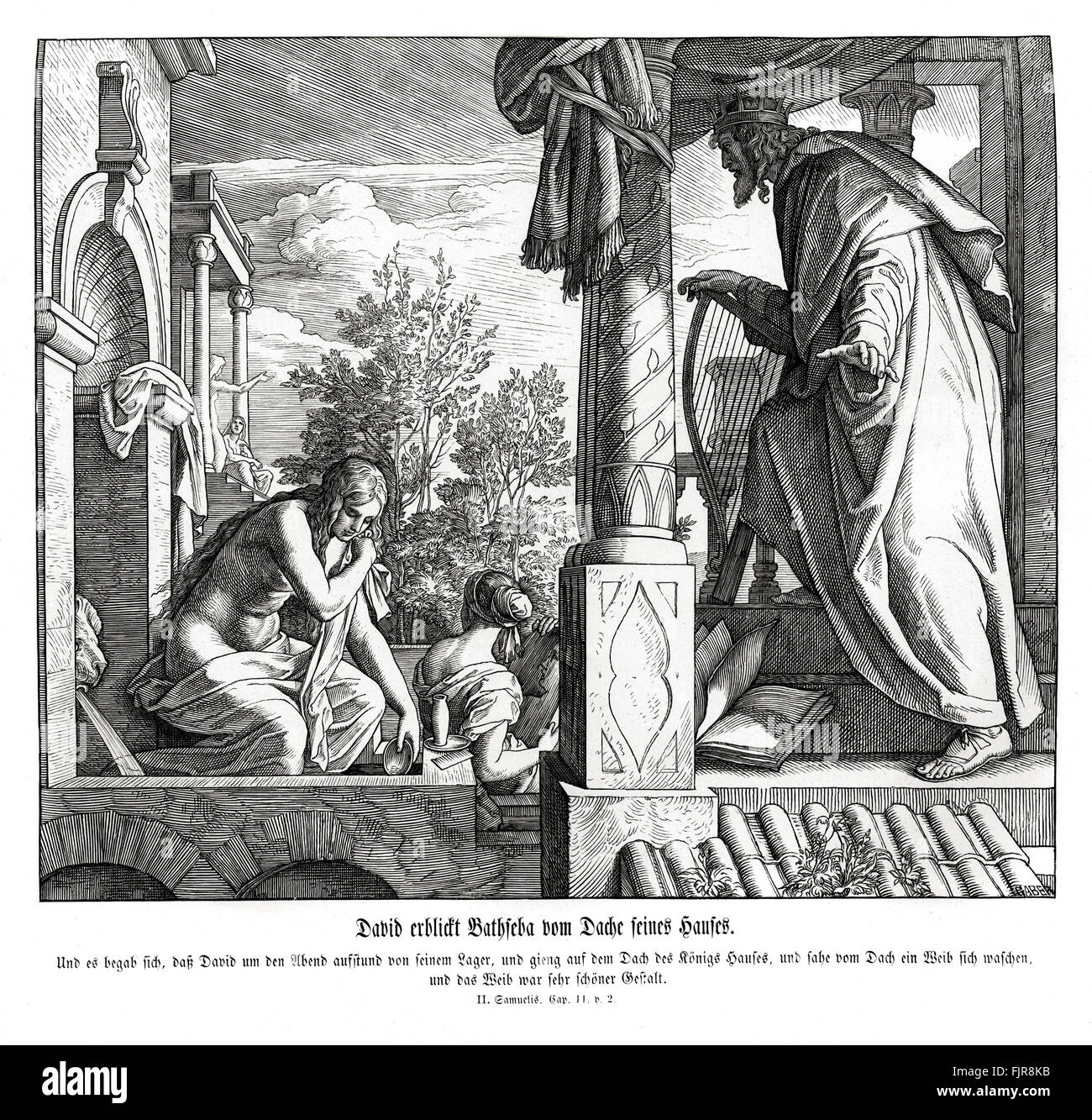 David vede Betsabea la balneazione dal tetto della sua casa 2 Samuele capitolo XI versetto 2 'e avvenne in un eveningtide, che Davide si alzò dal suo letto e si mise a camminare sul tetto della casa del re: e dalla terrazza vide una donna stessa di lavaggio; e la donna era molto bella di aspetto.' illustrazione 1852-60 da Julius Schnorr von Carolsfeld Foto Stock