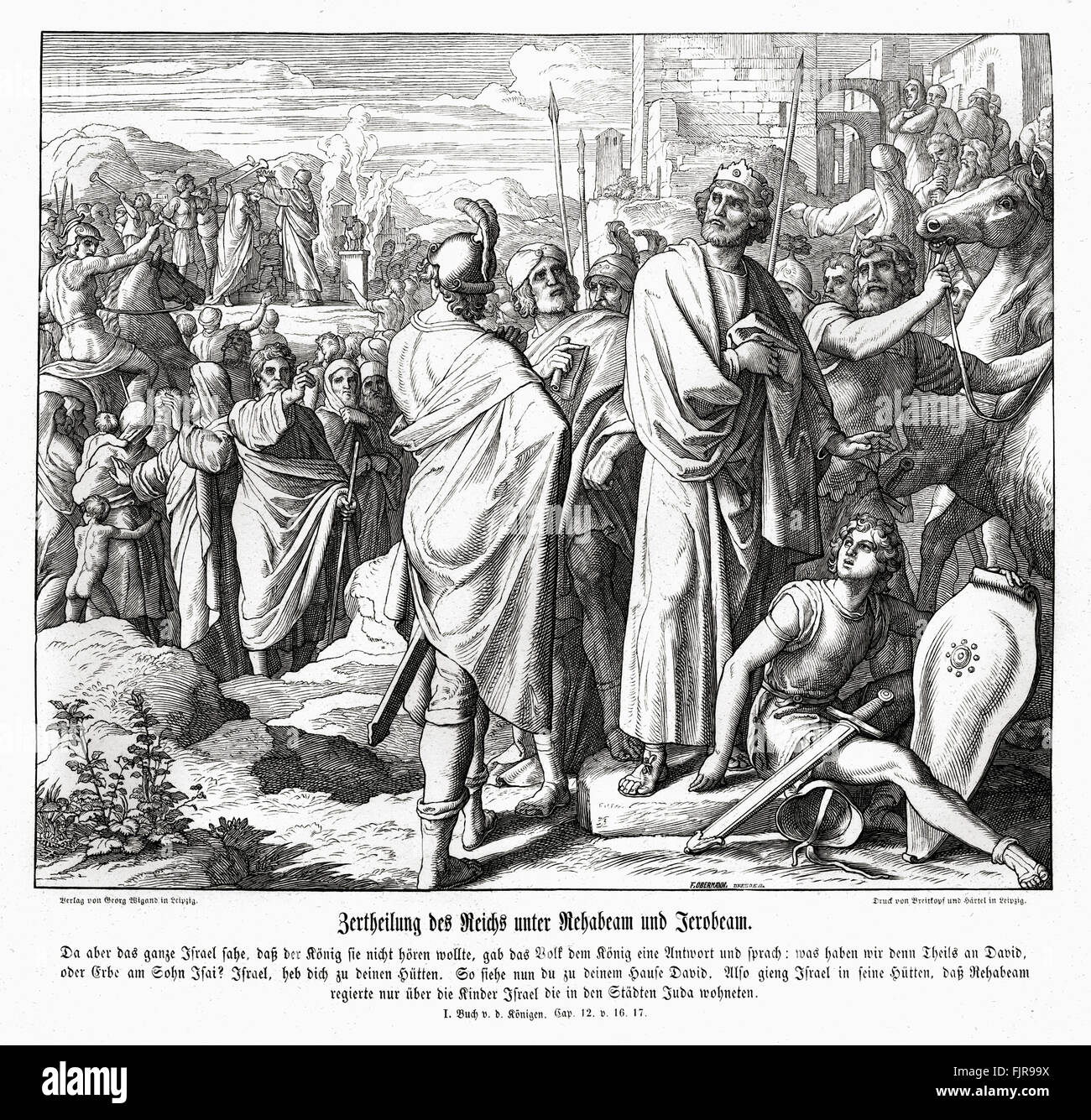 Divisione del regno sotto Geroboamo e Roboamo, 1 Re capitolo XI versetto 4 'So quando tutto Israele vide che il re non gli dava ascolto, rispose al re, dicendo: "Che parte abbiamo noi con Davide? Non abbiamo eredità con il figlio di Iesse: alle tue tende, Israele! Ora pensa alla tua casa, David. Così Israele andò alle sue tende. Ma come per i figli d'Israele che abitavano nelle città di Giuda regnò Roboamo.' illustrazione 1852-60 da Julius Schnorr von Carolsfeld Foto Stock