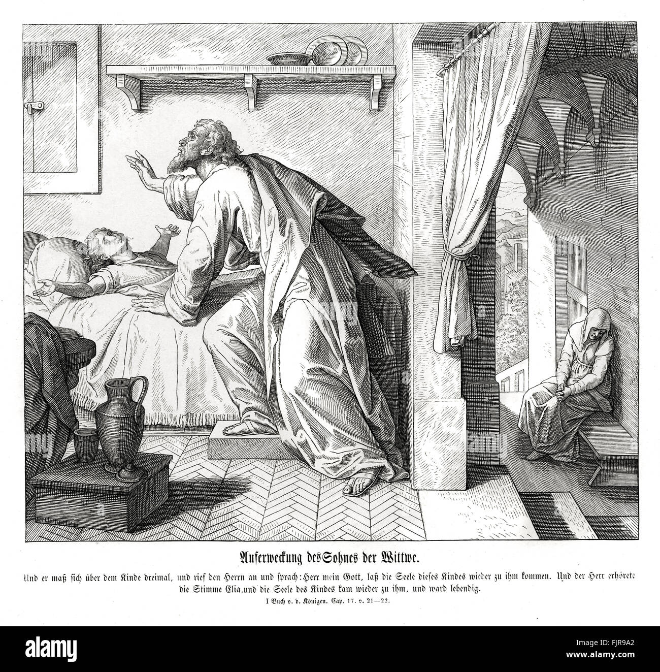 Rilancio della vedova del figlio, 1 Re capitolo XVII versetti 21 - 22 " e si protese al bambino per tre volte e gridarono all'Eterno e disse "O Eterno DIO mio, ti prego, fa' che l'anima di questo fanciullo ritorni in lui". E il Signore ascoltò la voce di Elia; e l'anima del fanciullo ritornò in lui ed egli riprese vita." 1852-60 illustrazione da Julius Schnorr von Carolsfeld Foto Stock