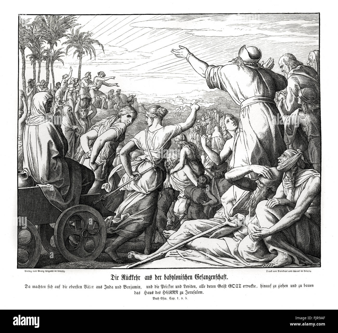 Ritorno da Babilonia, Esdra, capitolo 1 versetto 5 Allora i capifamiglia di Giuda e di Beniamino e i sacerdoti e i Leviti, assieme a tutti quelli il cui spirito Dio aveva sollevato, per andare fino a costruire la casa dell'Eterno che è in Gerusalemme.' illustrazione 1852-60 da Julius Schnorr von Carolsfeld Foto Stock