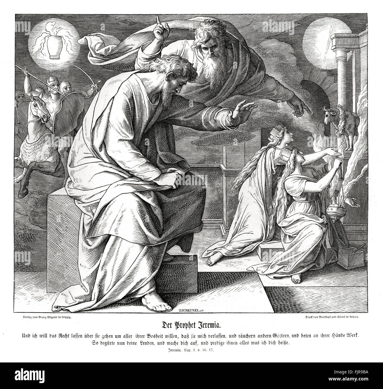 Il profeta Geremia, Geremia CAPITOLO I versetti 16 - 17 'e ti renderò i miei giudizi contro di loro di toccare tutte le loro malvagità, perché mi hanno abbandonato e hanno bruciato incenso ad altri dèi e si sono prostrati davanti all'opera delle loro mani. Perciò cingiti i fianchi, alzati e dì loro tutto ciò che io ti comando: non spaventarti alla loro volti, perché non mi confondere te davanti ai loro occhi". 1852-60 illustrazione da Julius Schnorr von Carolsfeld Foto Stock