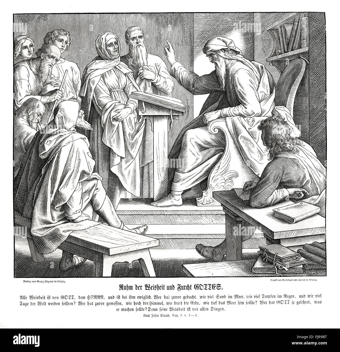 La sapienza del Signore, il Siracide CAPITOLO I versetti 1 - 4 'Ogni sapienza viene dal Signore Dio e ha stato sempre con lui e in lui è prima di tutto il tempo. Chi ha annoverato la sabbia del mare, e le gocce di pioggia e i giorni del mondo? Chi ha misurato l'altezza del cielo e la larghezza della terra e la profondità dell'abisso? Chi ha cercato la sapienza di Dio che esce prima di tutte le cose? La sapienza ha stato creato prima di tutte le cose e la comprensione della prudenza da eterna.' illustrazione 1852-60 da Julius Schnorr von Carolsfeld Foto Stock