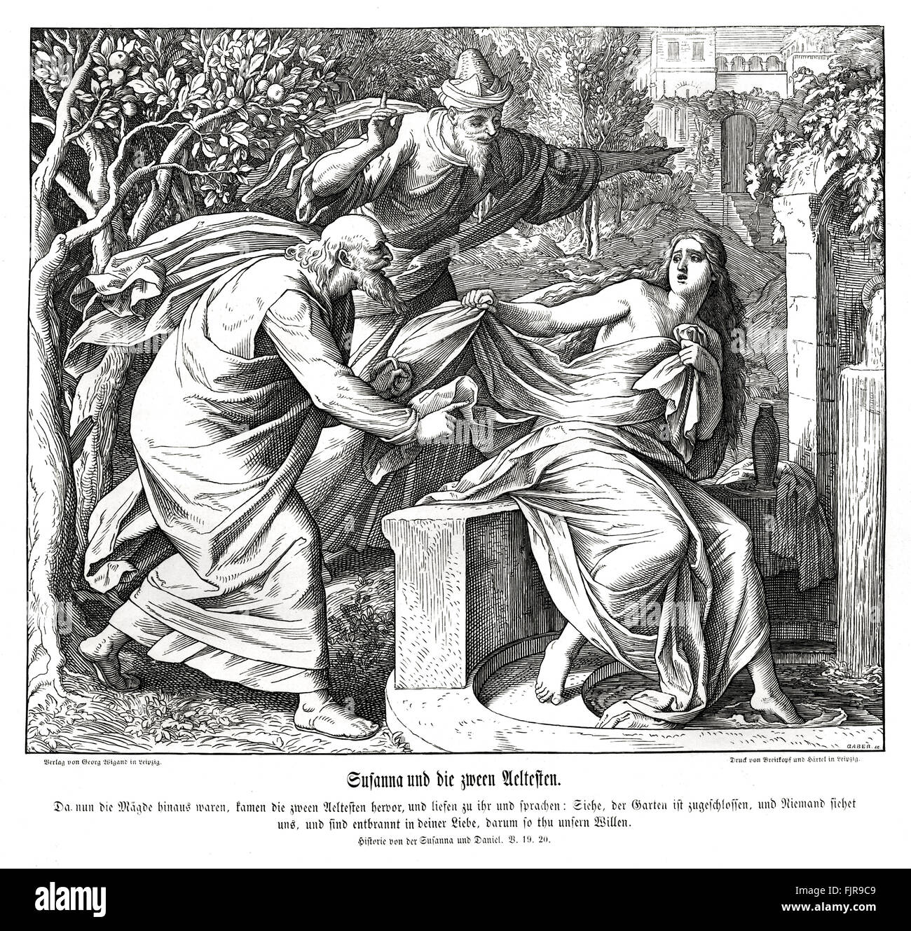 Susanna e i due anziani, libro di Daniele capitolo XIII versetti 19 - 20 " non appena il cameriere aveva lasciato i due uomini anziani si alzò e corse verso di lei. "Look", hanno detto, "il giardino le porte sono chiuse, nessuno può vedere e noi vi vogliamo. In modo da dare al nostro desiderio, e giacciono con noi". 1852-60 illustrazione da Julius Schnorr von Carolsfeld Foto Stock