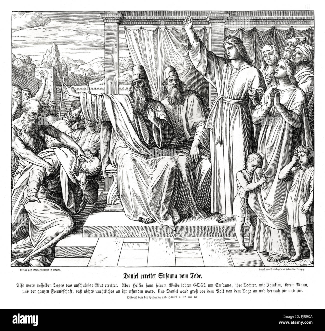 Daniel spares Susanna la vita, il libro di Daniele capitolo XIII versetti 62 - 64 "In conformità con la legge di Mosè li mettono a morte. In tal modo era innocente sangue risparmiato quel giorno. Hilkiah e sua moglie ha lodato Dio per la loro figlia Susanna, con Joakim il marito e tutti i suoi parenti, perché lei è stato trovato innocente di qualsiasi atto vergognoso. E da quel giorno in poi Daniele fu molto stimata dal popolo.' illustrazione 1852-60 da Julius Schnorr von Carolsfeld Foto Stock