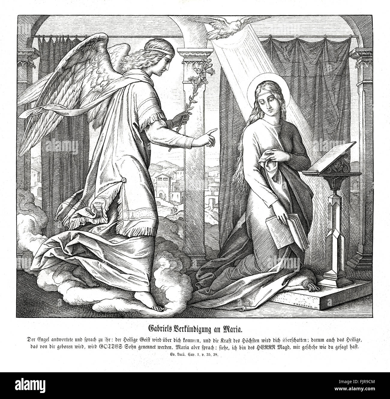 Annunciazione, il Vangelo di Luca capitolo I versetti 35 - 38 "l'angelo rispose e disse: "Lo Spirito Santo verrà su di te e la potenza dell'Altissimo deve offuscare te: quindi anche che cosa santa che nascerà da te sarà chiamato Figlio di Dio". 1852-60 illustrazione da Julius Schnorr von Carolsfeld Foto Stock