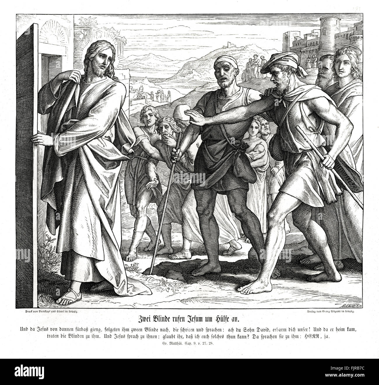 Gesù e gli uomini ciechi, Vangelo di Matteo Capitolo IX versetti 27 - 28 " e quando Gesù se ne andò di là, due ciechi lo seguirono gridando e dicendo: "Tu figlio di Davide, abbi pietà di noi. E quando fu entrato in casa, i ciechi gli si accostarono, e Gesù disse loro: "Credete voi che io possa fare questo? Essi gli dissero: "Sì, Signore." 1852-60 illustrazione da Julius Schnorr von Carolsfeld Foto Stock
