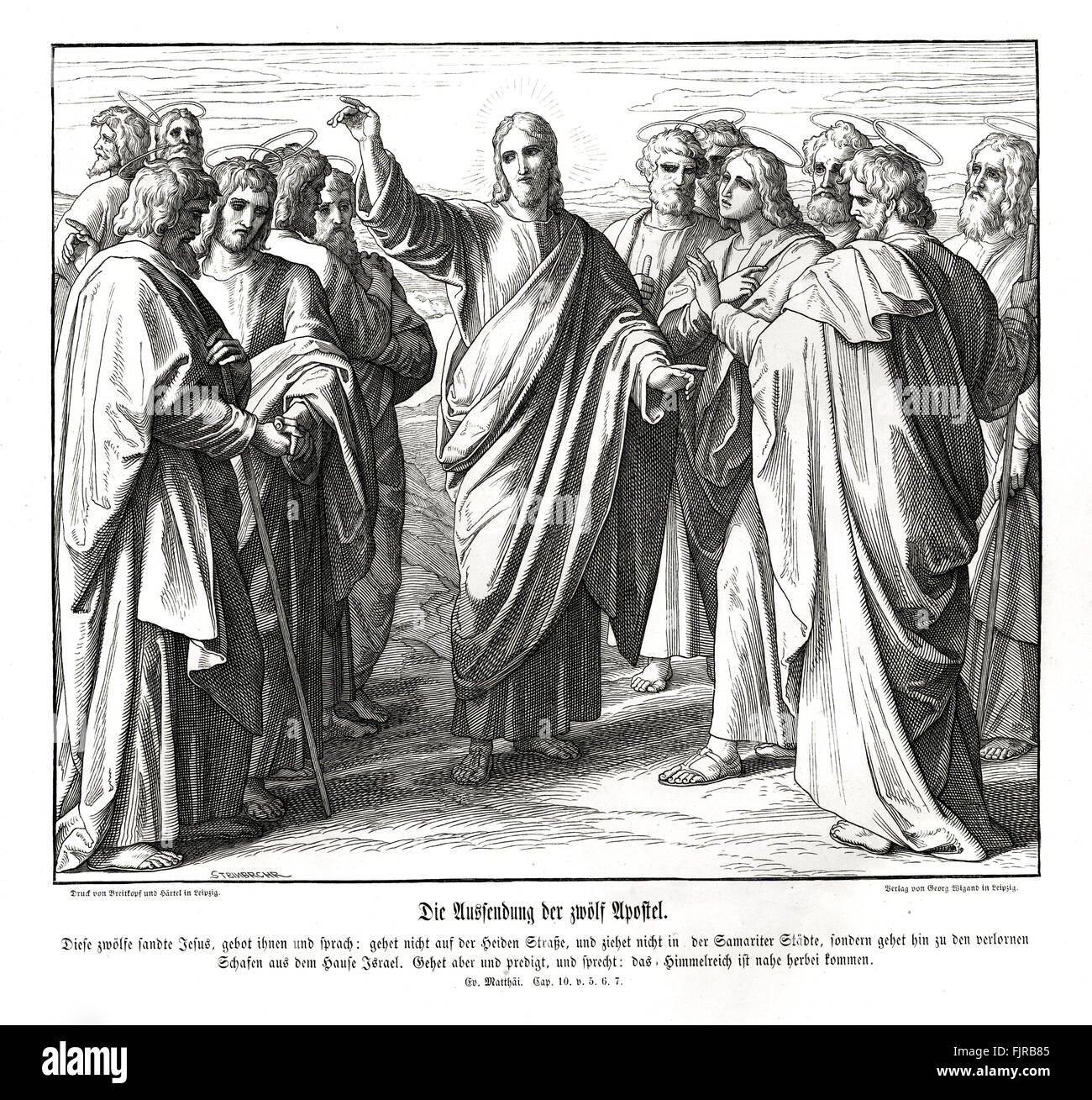 I dodici apostoli, il Vangelo di Matteo Capitolo X versi 5 - 7 'Questi dodici Gesù mandò, e comandò loro, dicendo: non andate nel modo dei pagani e in qualsiasi città dei Samaritani inserire voi non siete: ma andate piuttosto alle pecore perdute della casa di Israele. E strada facendo, predicate che il regno dei cieli è a portata di mano.' illustrazione 1852-60 da Julius Schnorr von Carolsfeld Foto Stock