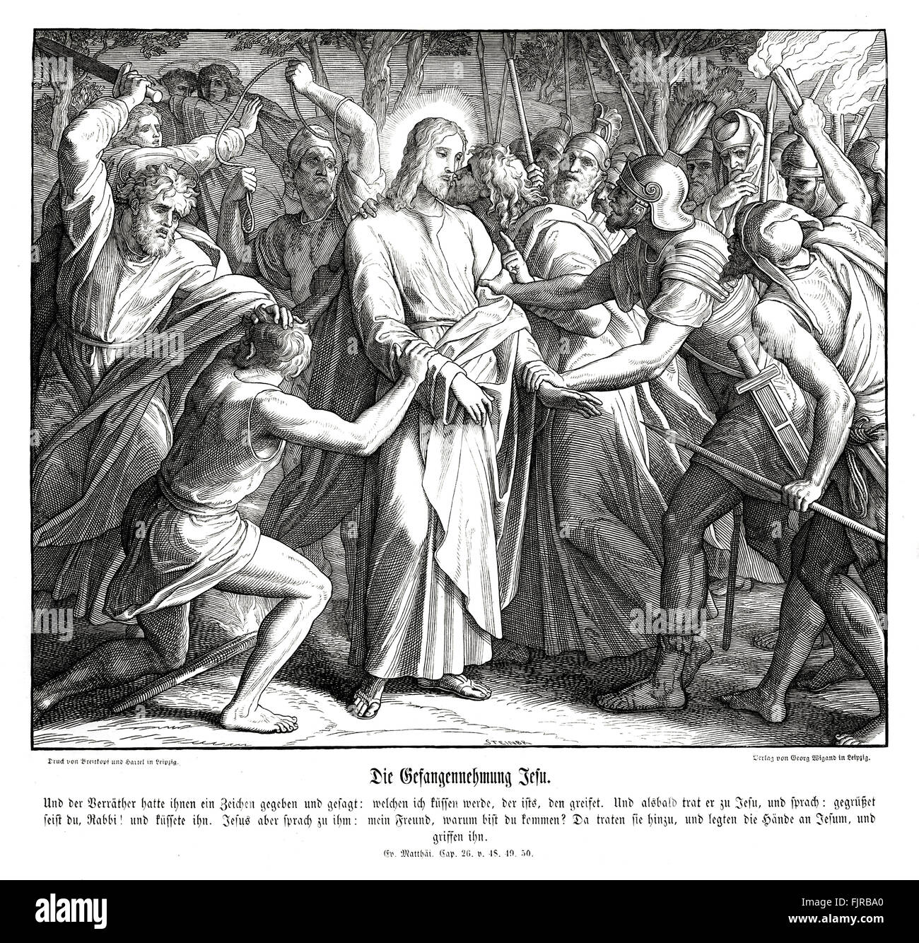 Gesù è tradito da Giuda Iscariota, il Vangelo di Matteo capitolo XXVI versetti 48 - 50 'Or colui che lo tradiva aveva dato loro un segnale, dicendo: "Quello che io bacerò, è lui; prendetelo". E immediatamente egli venne a Gesù, e detto, grandine, master; e lo baciò. E Gesù gli disse: "Amico, perché tu sei venuto? Poi entrarono e misero le mani addosso a Gesù e lo arrestarono.' illustrazione 1852-60 da Julius Schnorr von Carolsfeld Foto Stock