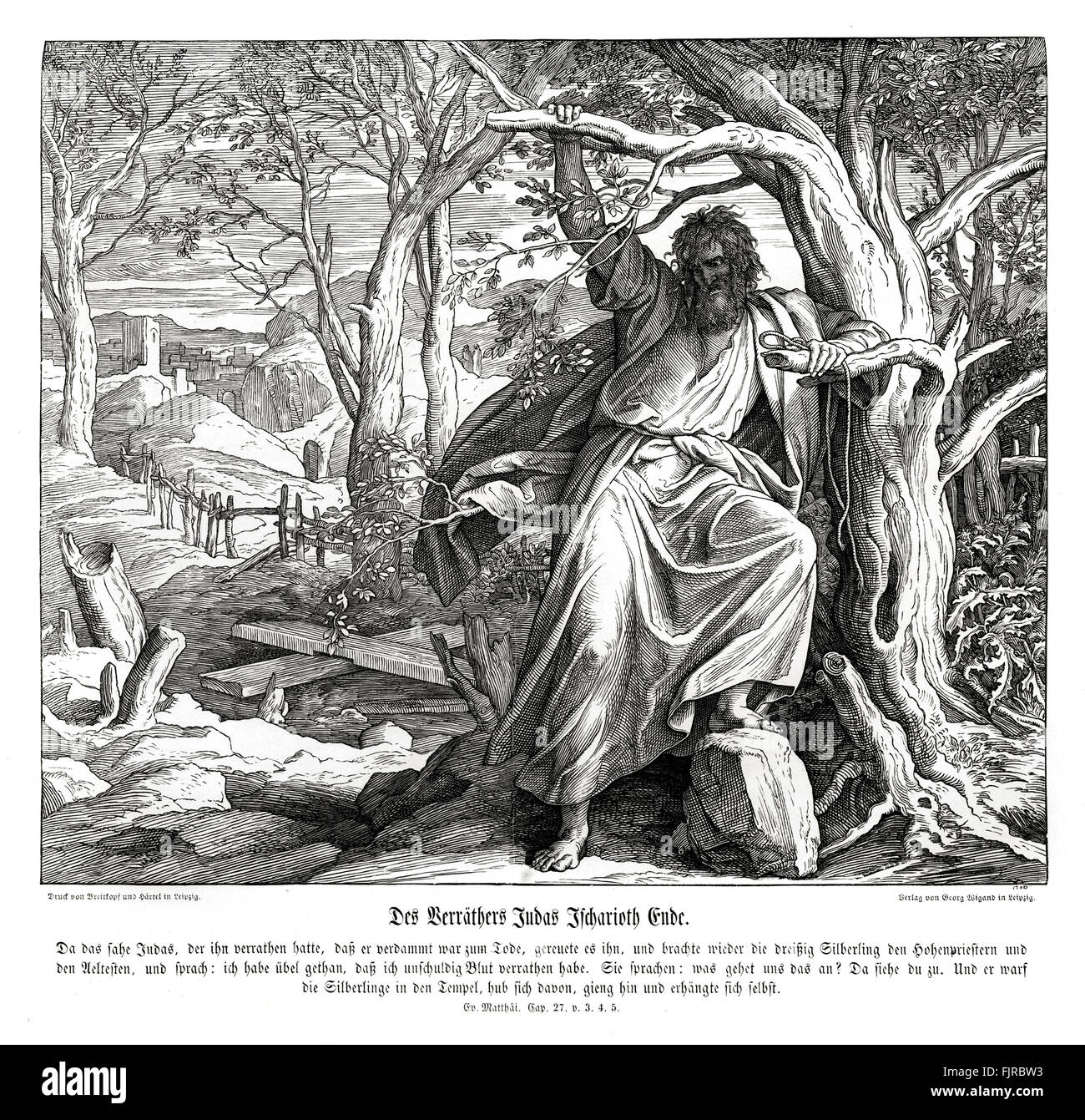 La morte di Giuda Iscariota, il Vangelo di Matteo Capitolo XXVII i versetti 3 - 5 Allora Giuda, che lo aveva tradito, vedendo che Gesù era stato condannato si pentì e riportò i trenta sicli d'argento ai sommi sacerdoti e agli anziani, dicendo: "Ho peccato, perché ho tradito sangue innocente. E hanno detto che cos'è ciò che a noi? Vedi tu che. Ed egli, gettate le monete d'argento nel tempio, si allontanò e andò a impiccarsi.' illustrazione 1852-60 da Julius Schnorr von Carolsfeld Foto Stock